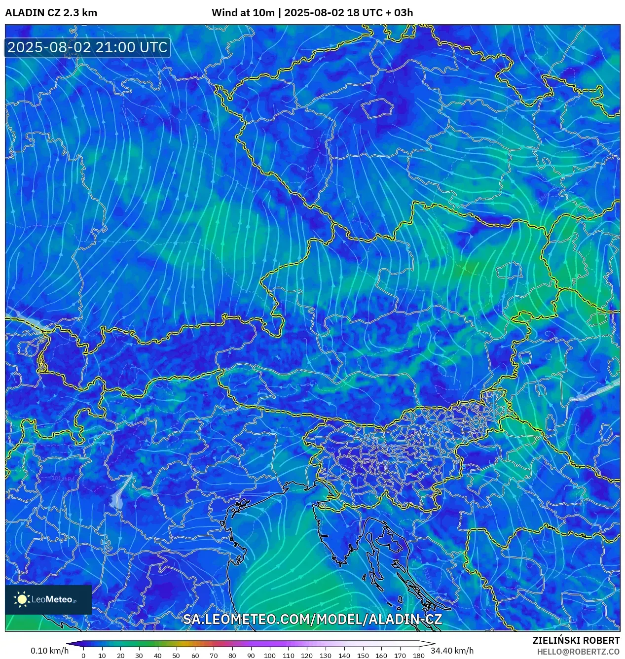 ALADIN CZ 2.3 km model - Austria, Angin 10 m