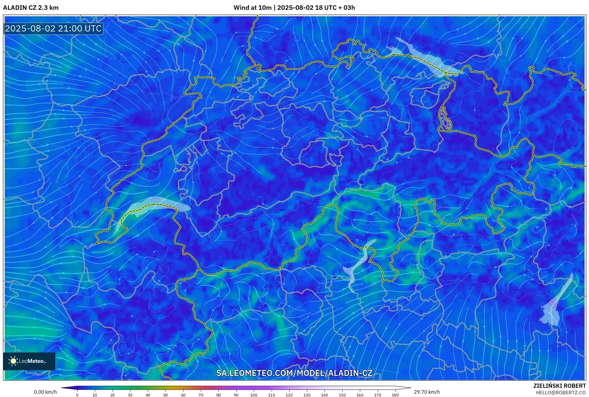 ALADIN CZ 2.3 km model - Switzerland, Angin 10 m ALADIN CZ 2.3 km model - Switzerland, Angin 10 m