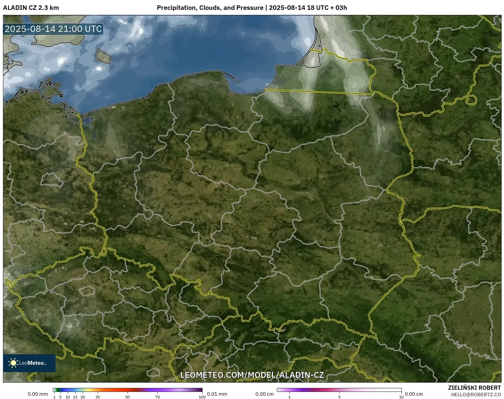 ALADIN CZ 2.3 km model - Poland, Precipitation, Clouds, and Pressure