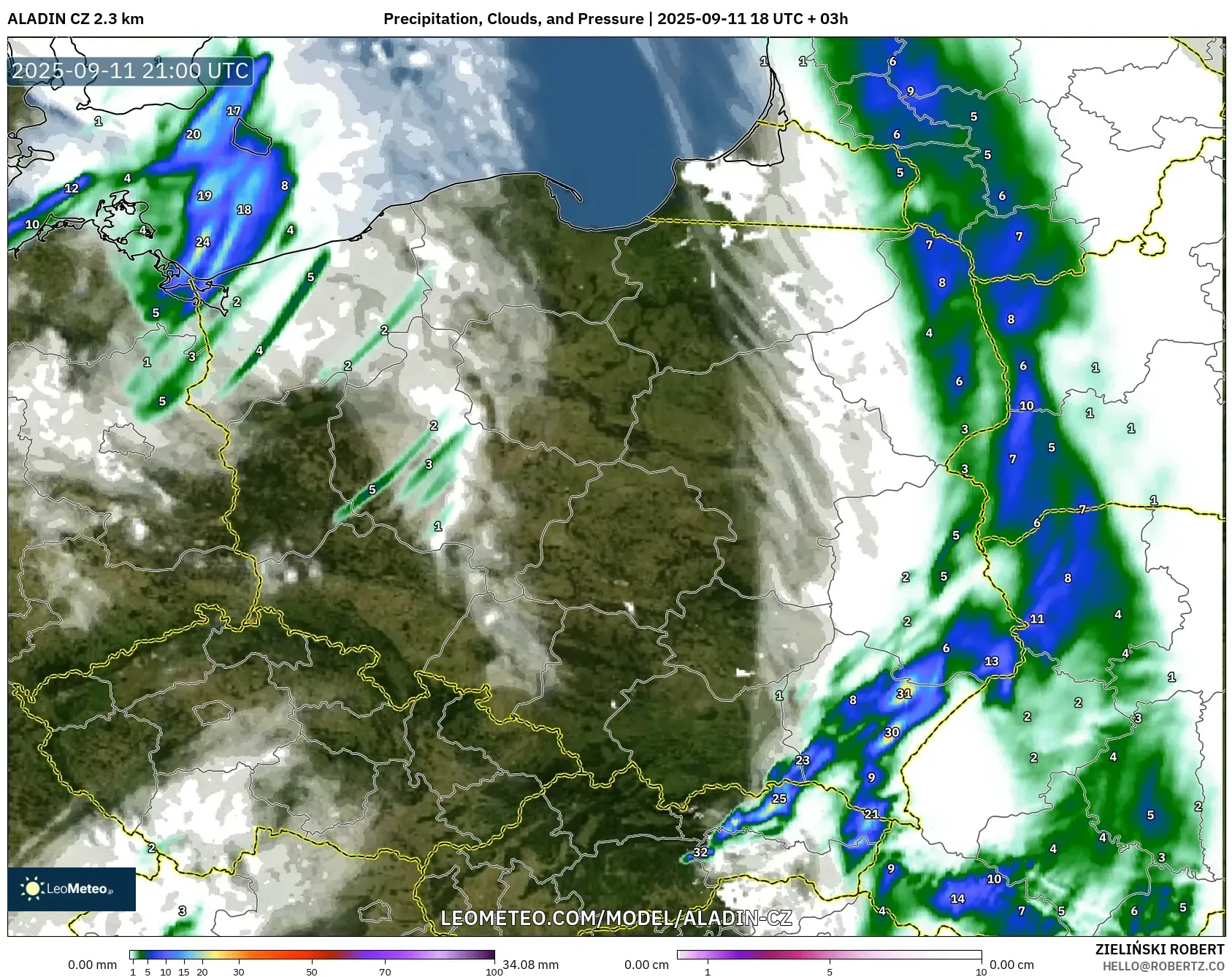 ALADIN CZ 2.3 km model - Poland, Precipitation, Clouds, and Pressure