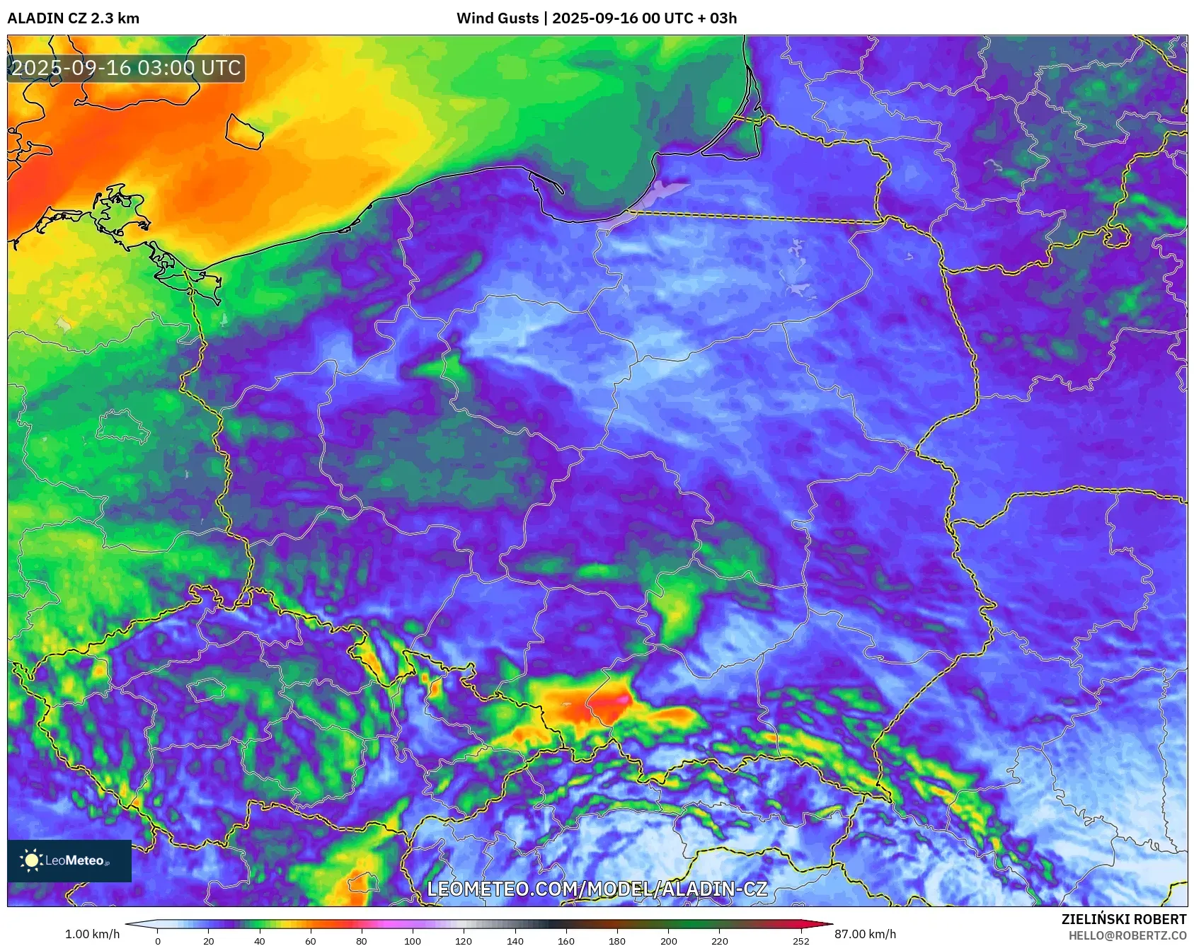 ALADIN CZ 2.3 km model - Poland, Wind Gusts