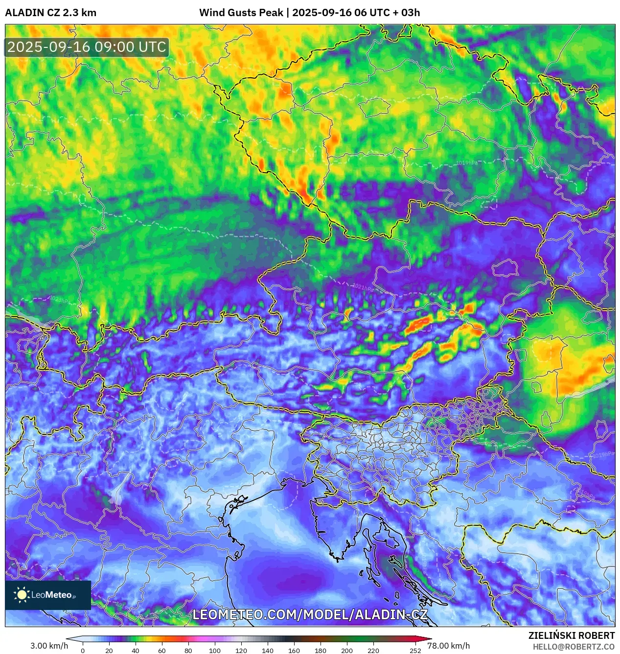 ALADIN CZ 2.3 km model - Austria, Wind Gusts Peak