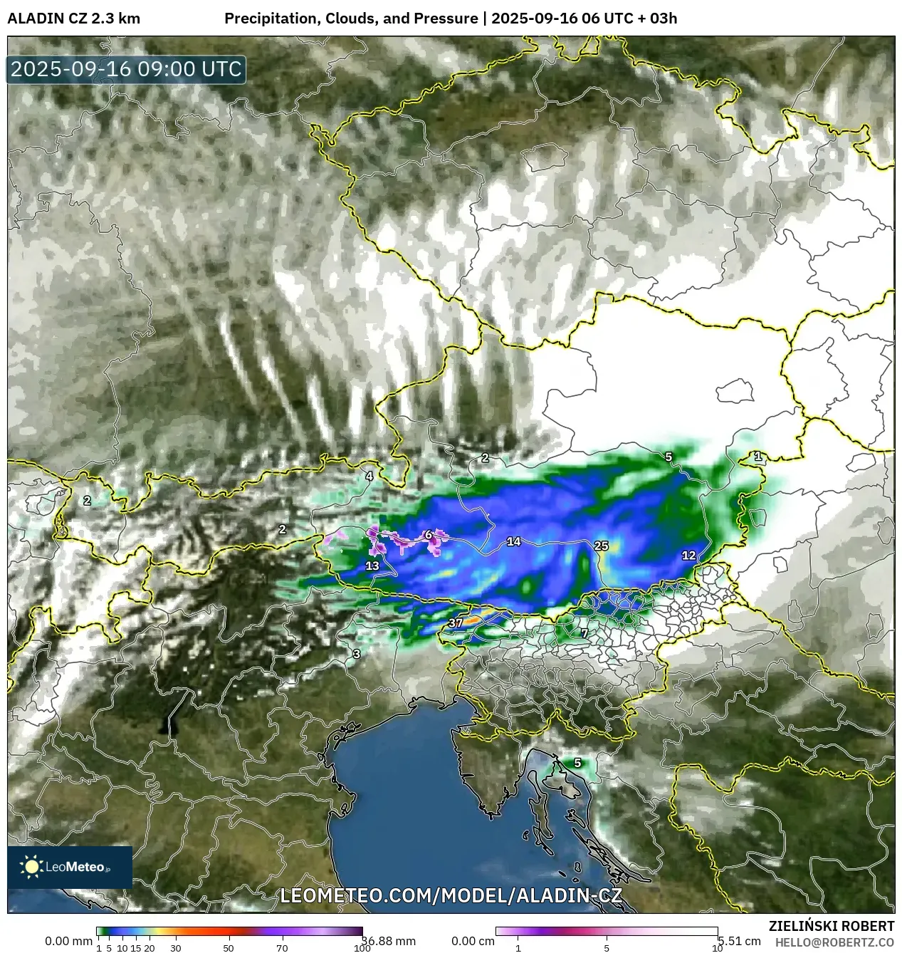 ALADIN CZ 2.3 km model - Austria, Precipitation, Clouds, and Pressure