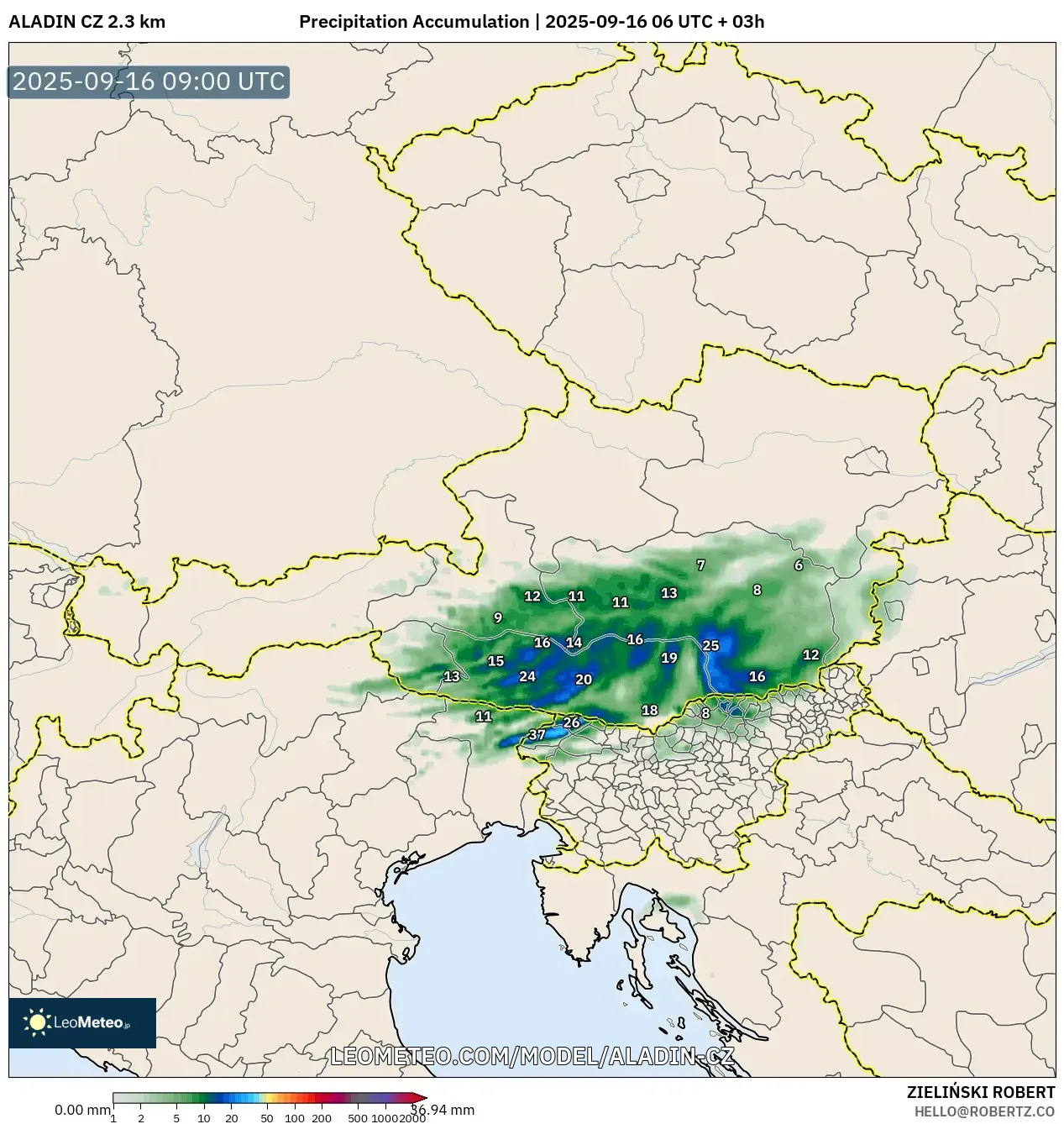 ALADIN CZ 2.3 km model - Austria, Precipitation Accumulation