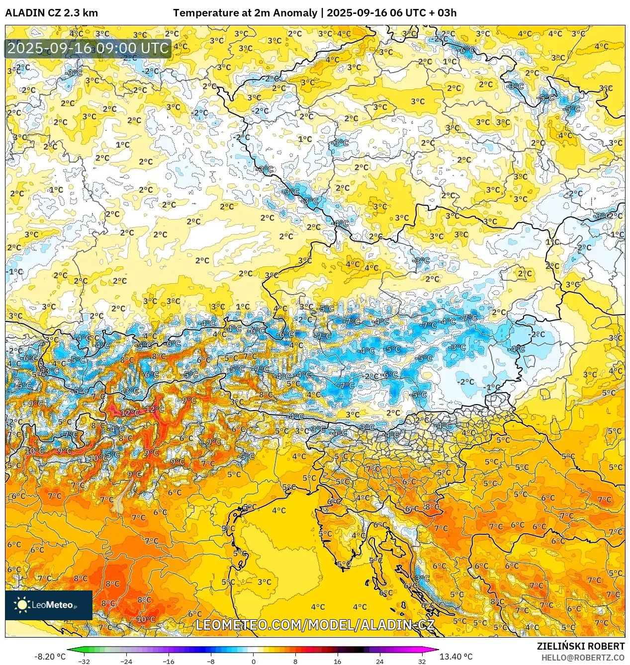 ALADIN CZ 2.3 km model - Austria, Temperature at 2m Anomaly