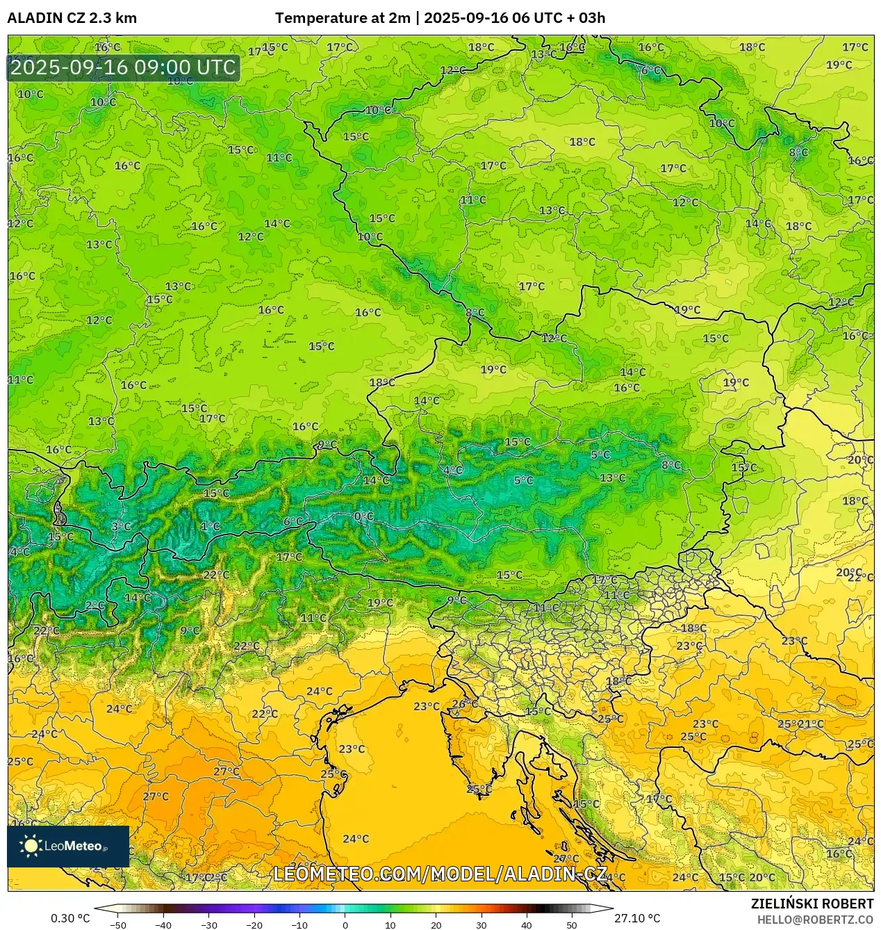 ALADIN CZ 2.3 km model - Austria, Temperature at 2m