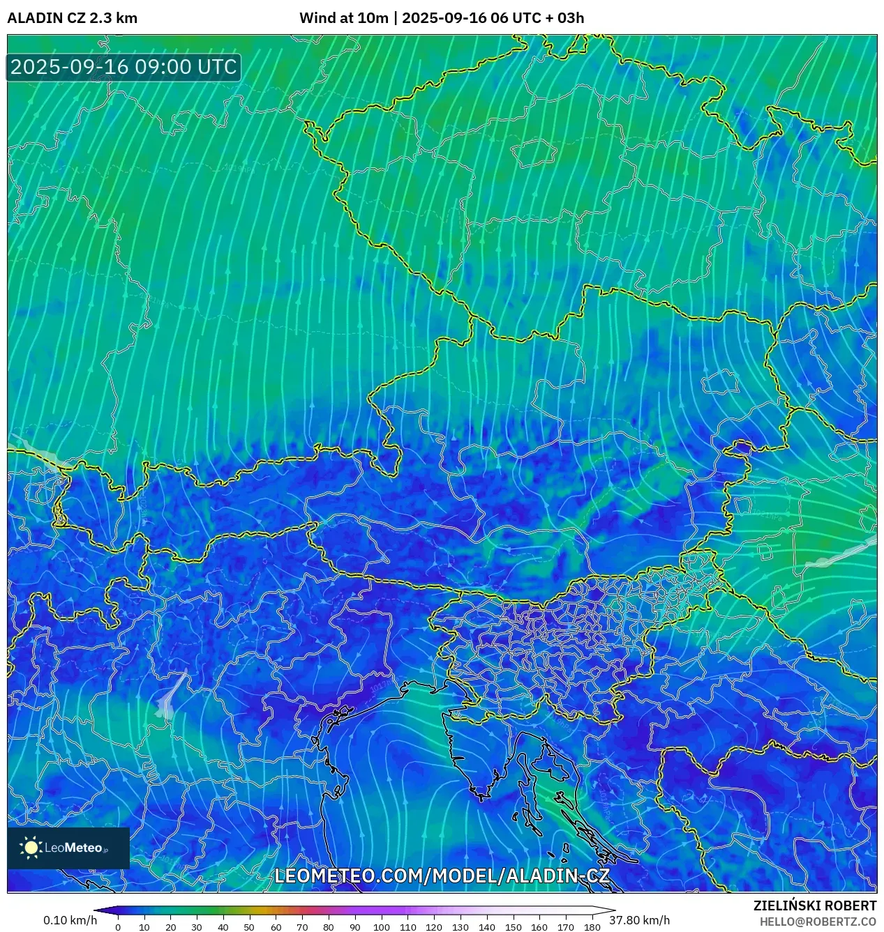 ALADIN CZ 2.3 km model - Austria, Wind at 10m