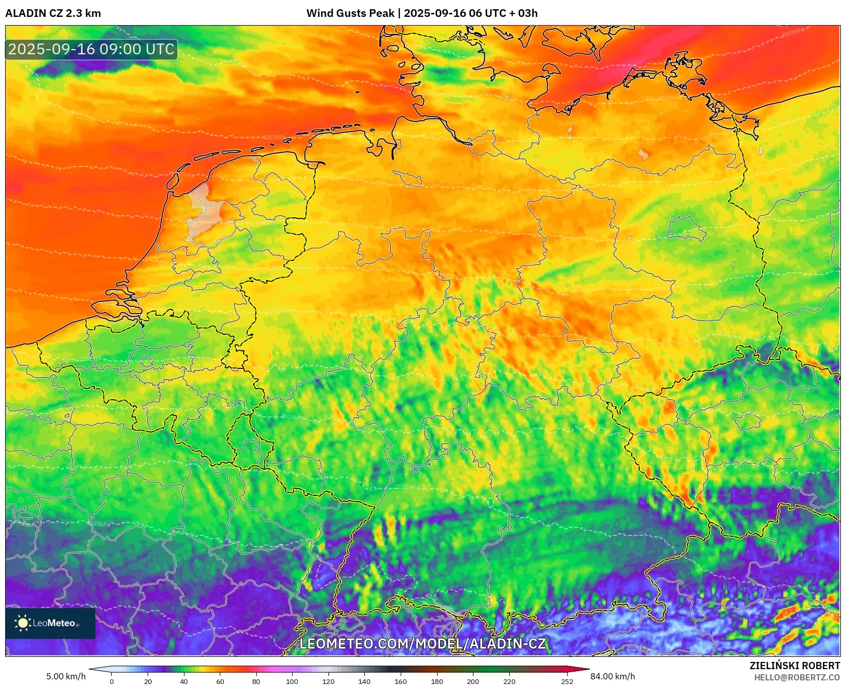 ALADIN CZ 2.3 km model - Germany, Wind Gusts Peak ALADIN CZ 2.3 km model - Germany, Wind Gusts Peak