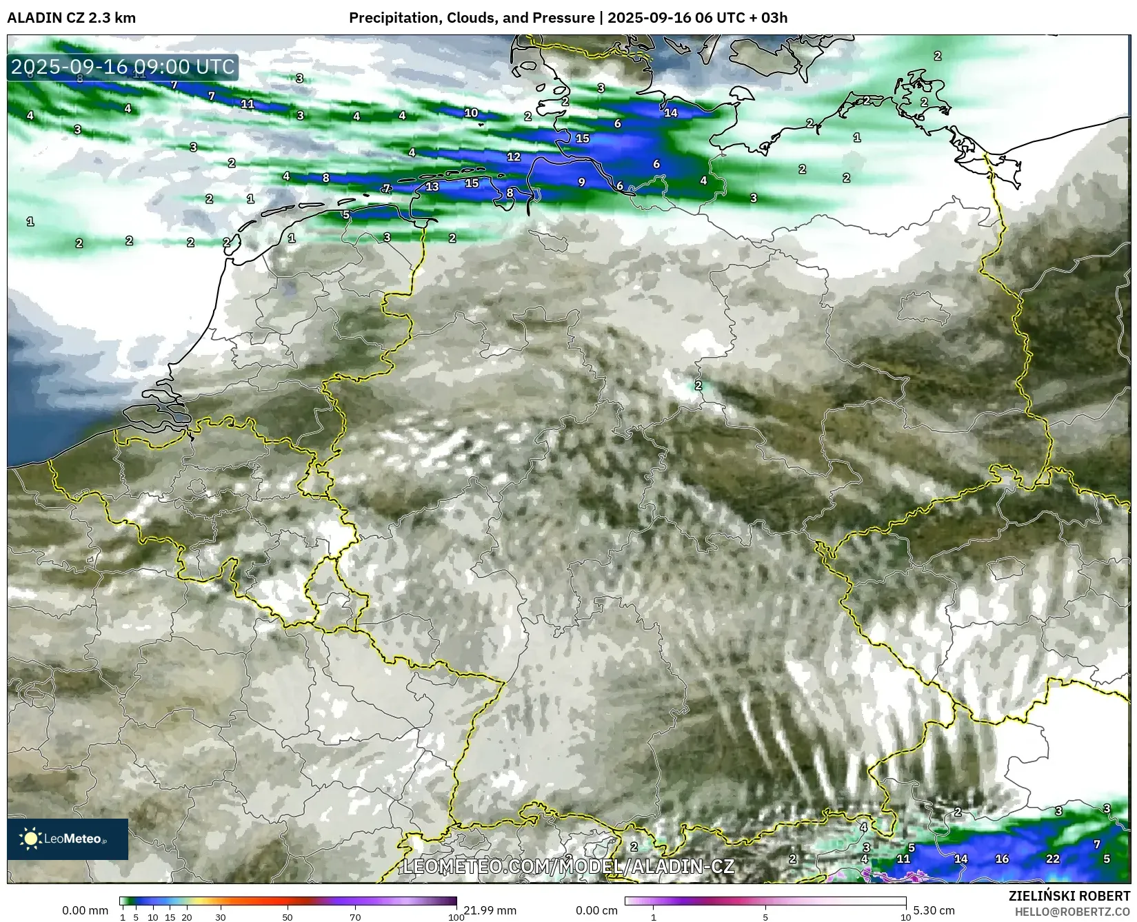 ALADIN CZ 2.3 km model - Germany, Precipitation, Clouds, and Pressure