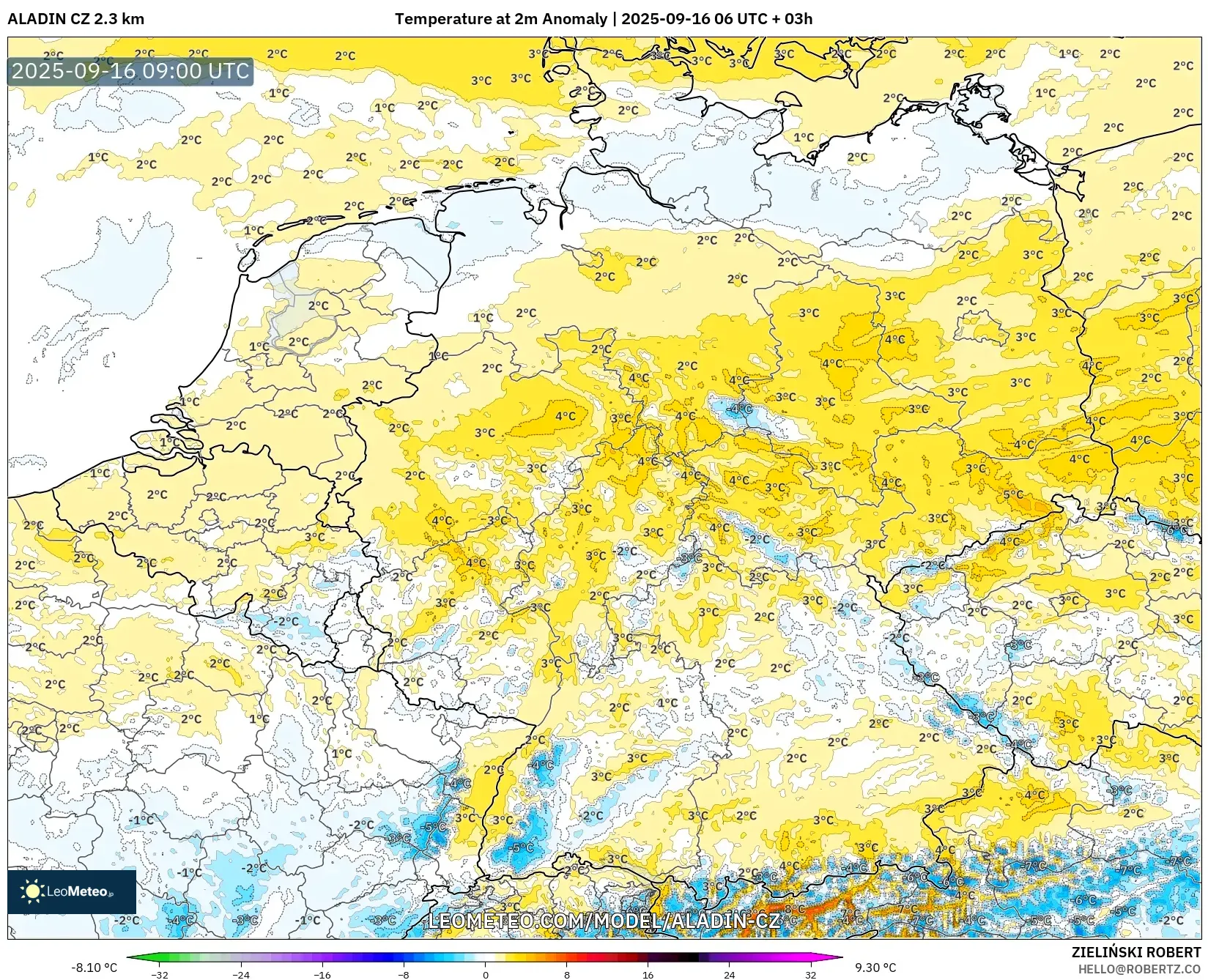 ALADIN CZ 2.3 km model - Germany, Temperature at 2m Anomaly