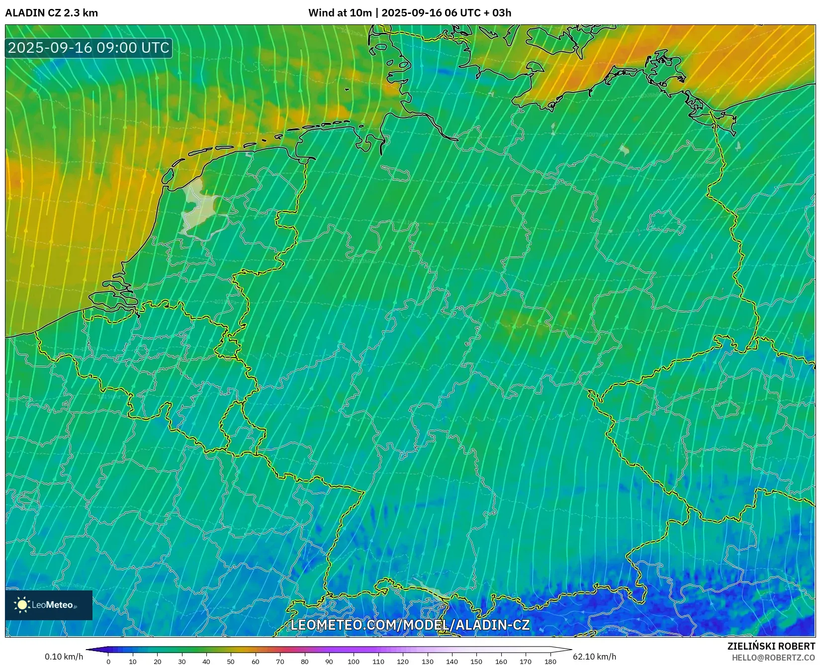 ALADIN CZ 2.3 km model - Germany, Wind at 10m