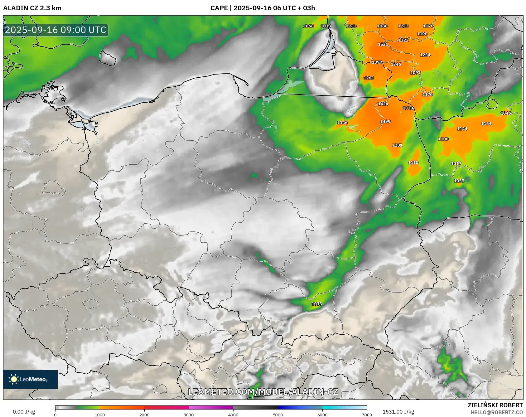 ALADIN CZ 2.3 km model - Poland, CAPE ALADIN CZ 2.3 km model - Poland, CAPE