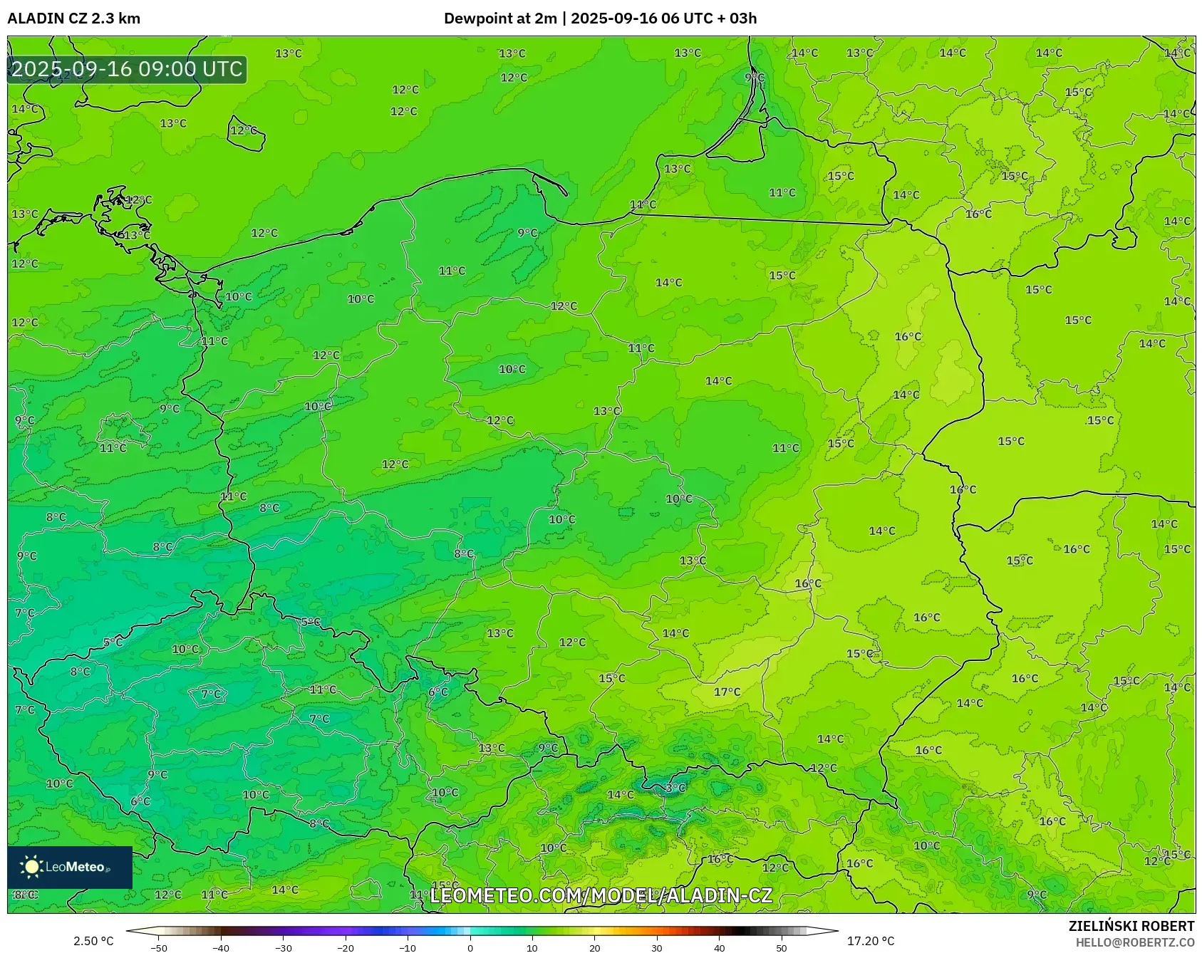 ALADIN CZ 2.3 km model - Poland, Dewpoint at 2m