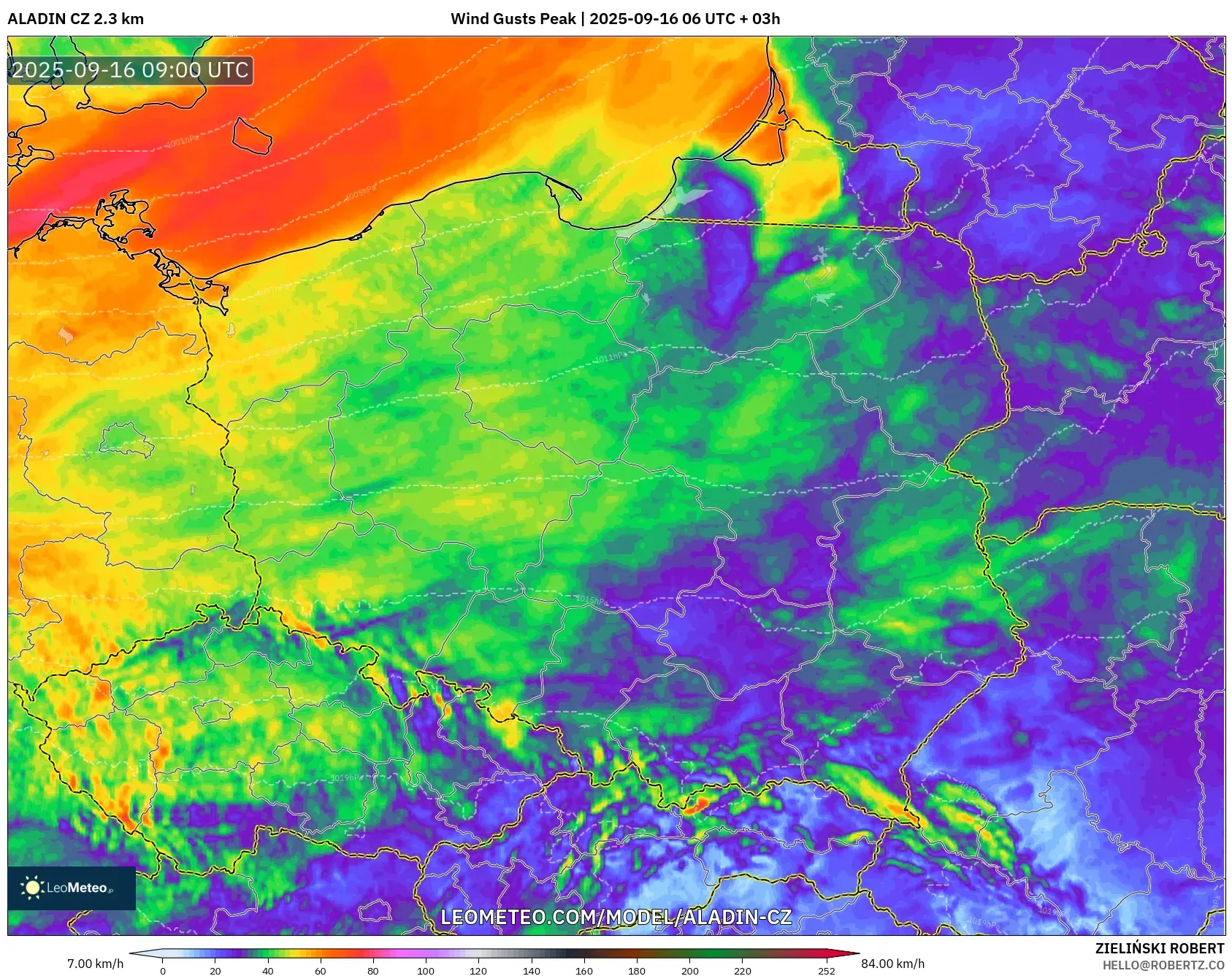 ALADIN CZ 2.3 km model - Poland, Wind Gusts Peak