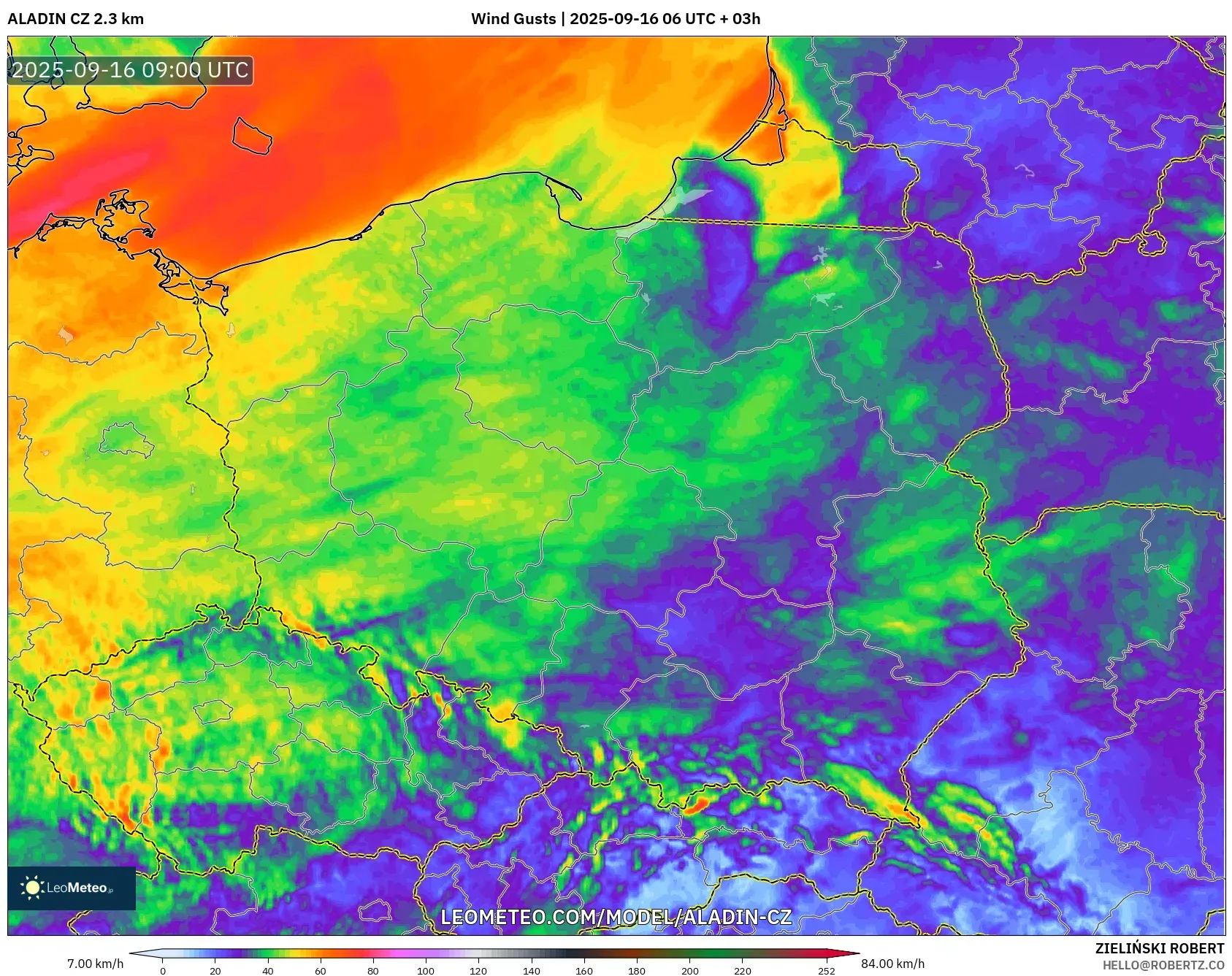 ALADIN CZ 2.3 km model - Poland, Wind Gusts
