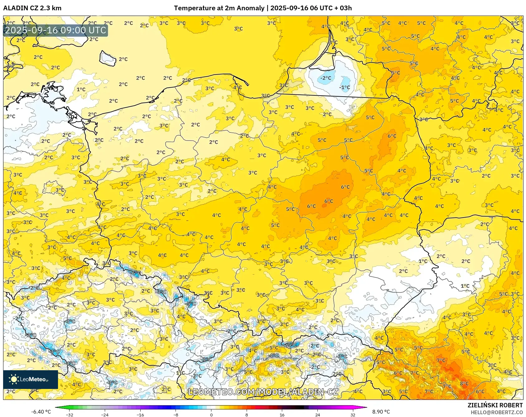 ALADIN CZ 2.3 km model - Poland, Temperature at 2m Anomaly