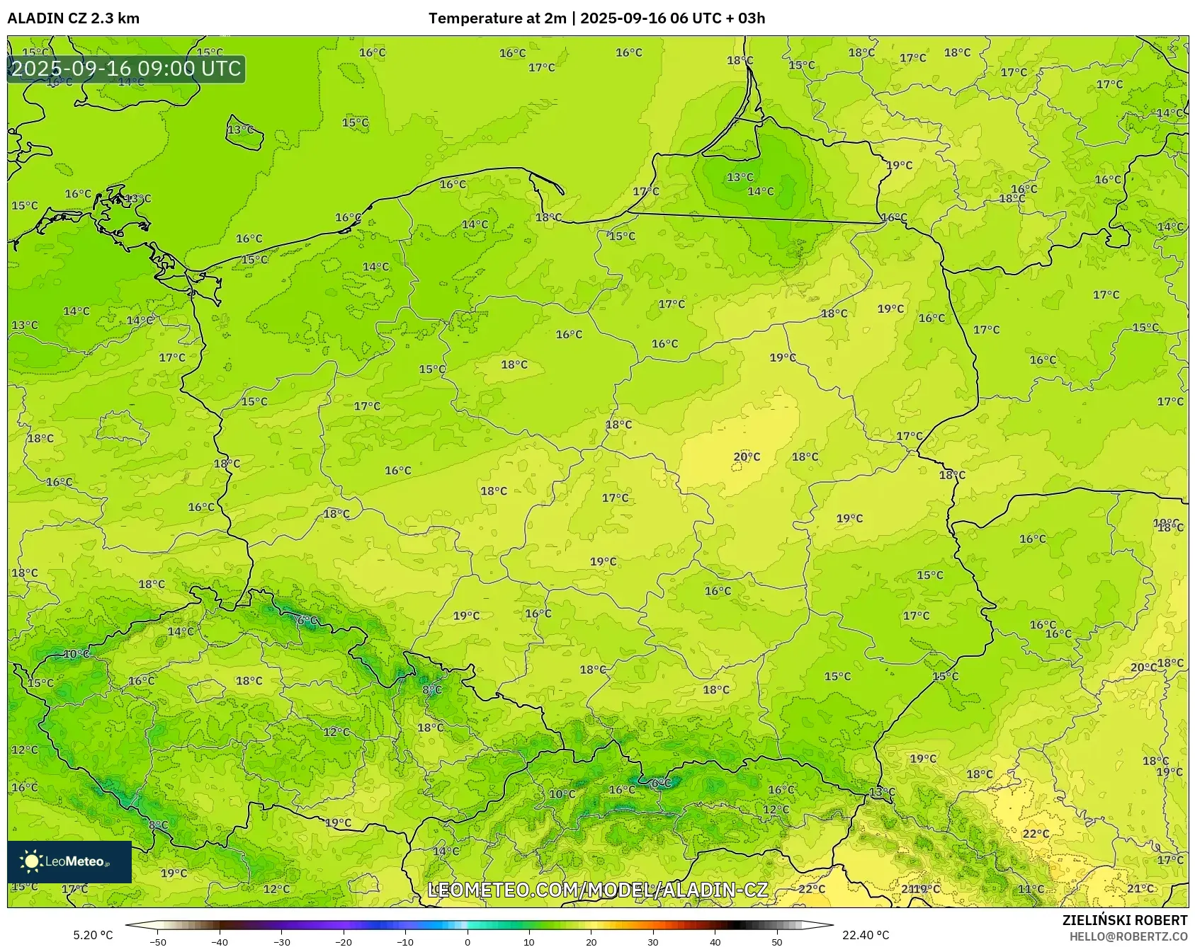 ALADIN CZ 2.3 km model - Poland, Temperature at 2m