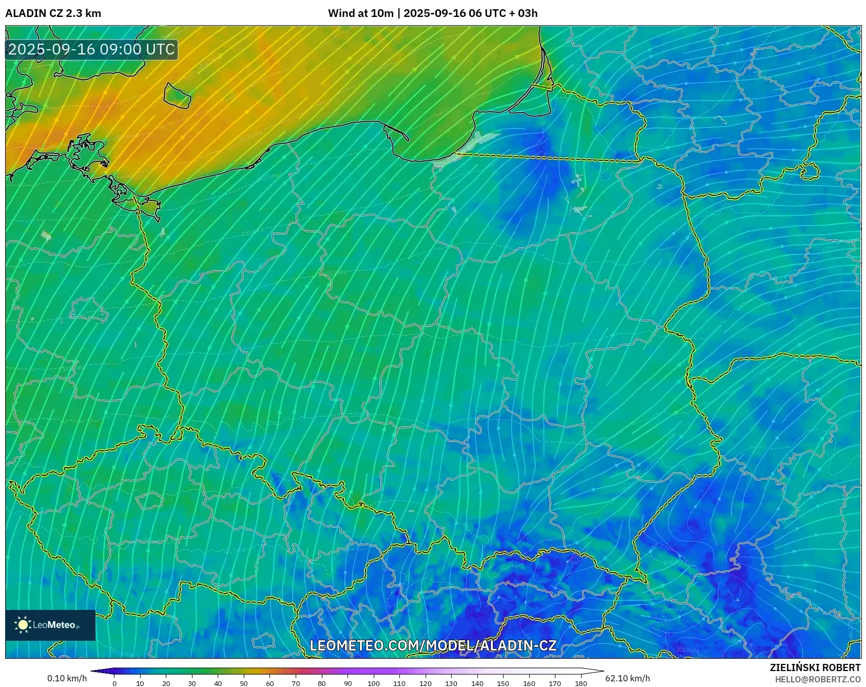 ALADIN CZ 2.3 km model - Poland, Wind at 10m