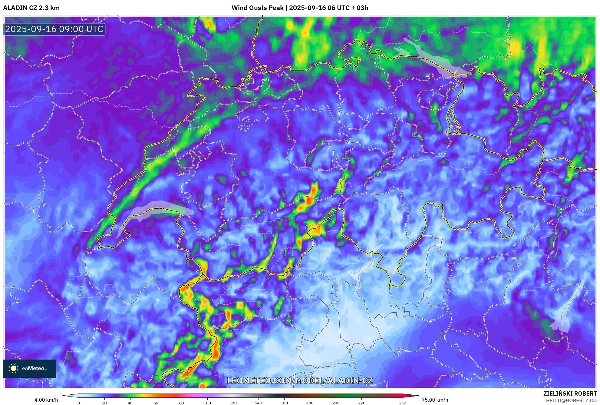 ALADIN CZ 2.3 km model - Switzerland, Wind Gusts Peak