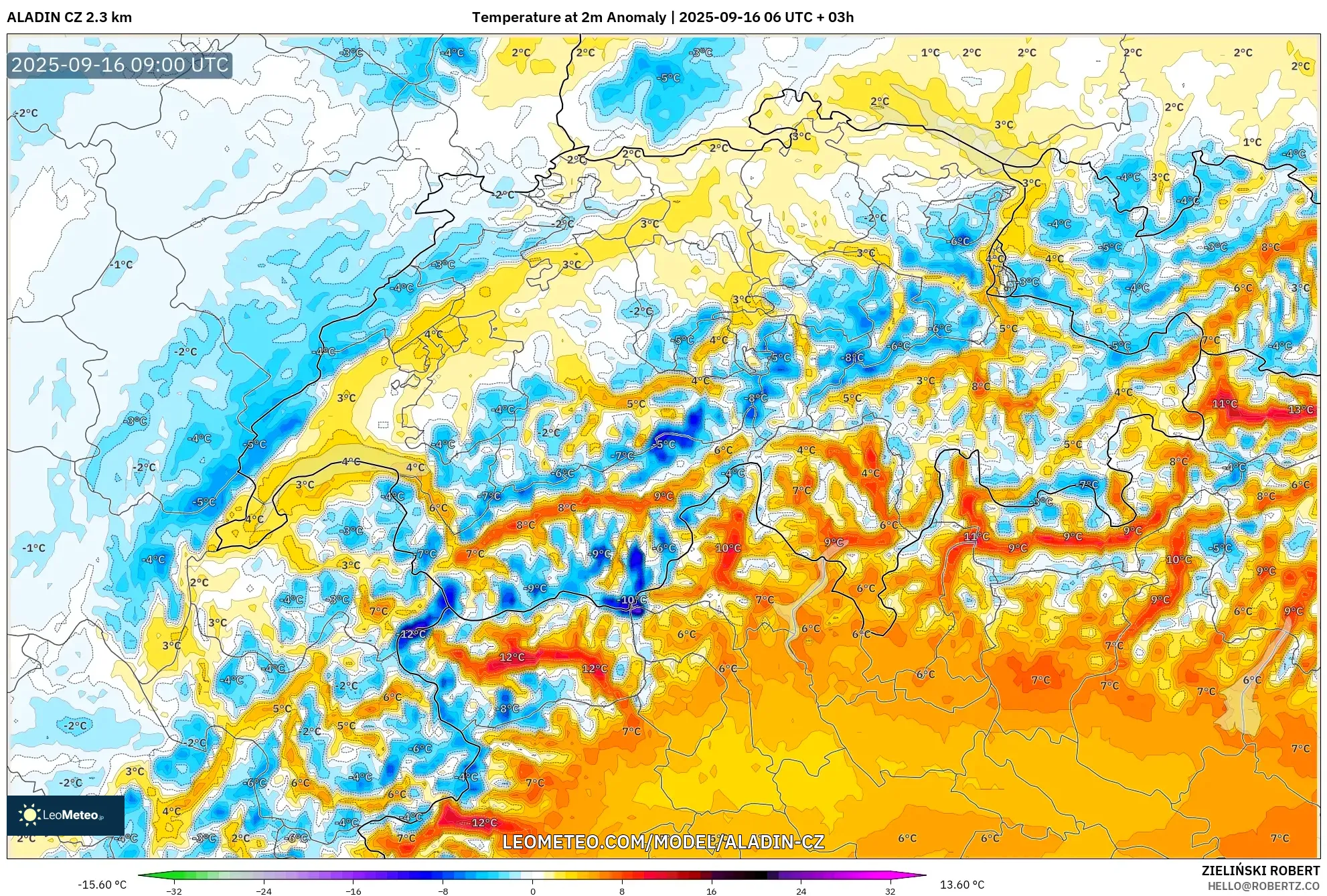 ALADIN CZ 2.3 km model - Switzerland, Temperature at 2m Anomaly