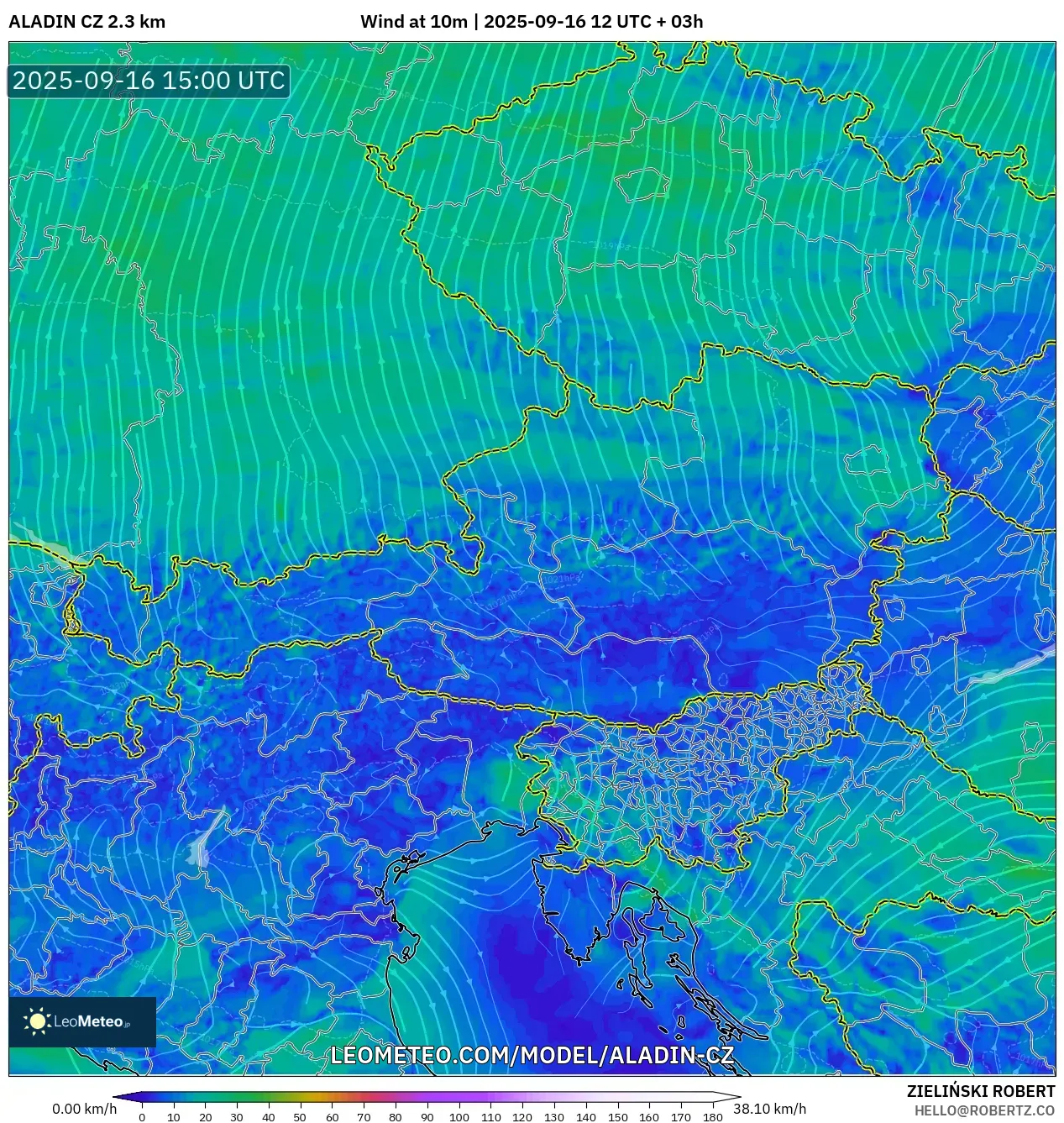ALADIN CZ 2.3 km model - Austria, Wind at 10m
