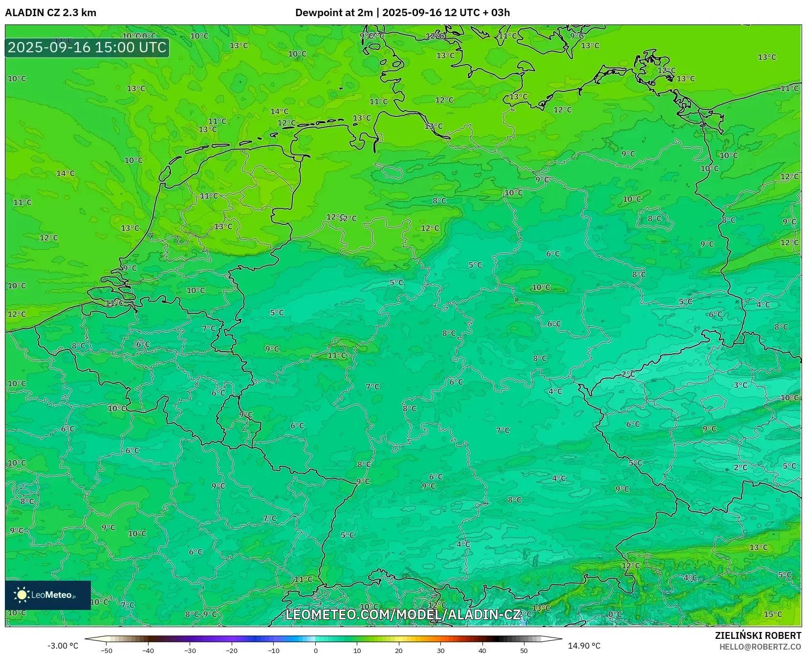 ALADIN CZ 2.3 km model - Germany, Dewpoint at 2m