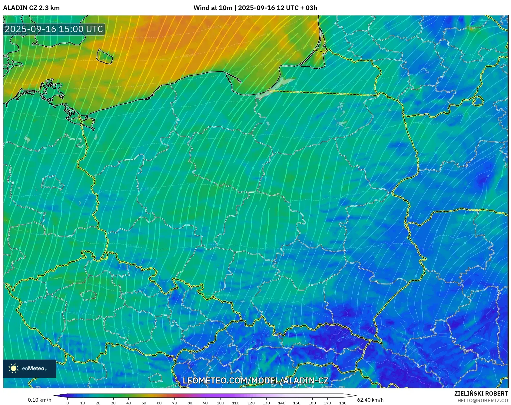 ALADIN CZ 2.3 km model - Poland, Wind at 10m