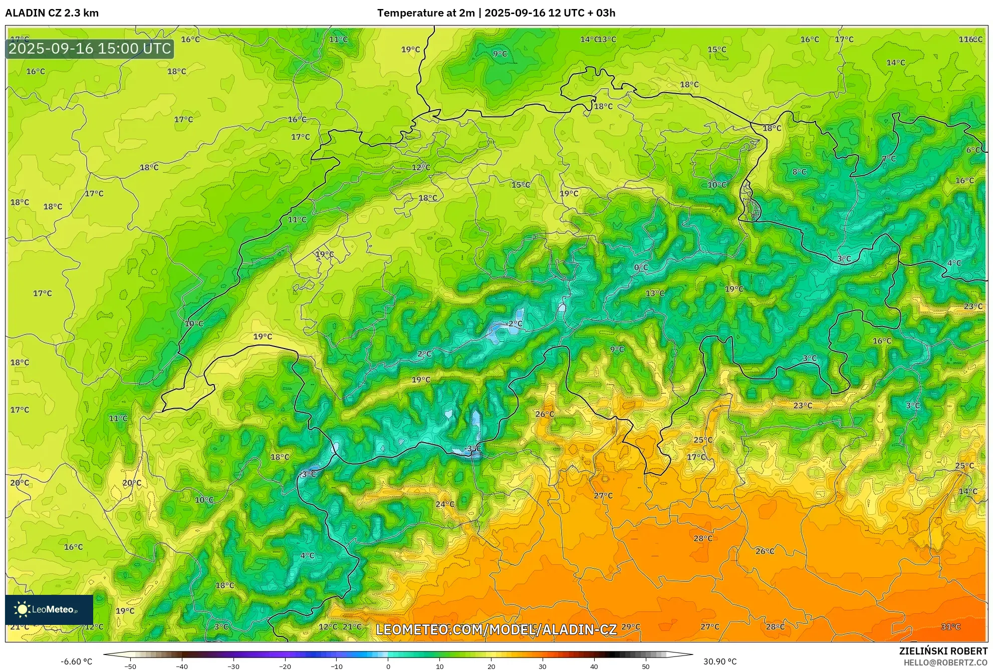 ALADIN CZ 2.3 km model - Switzerland, Temperature at 2m
