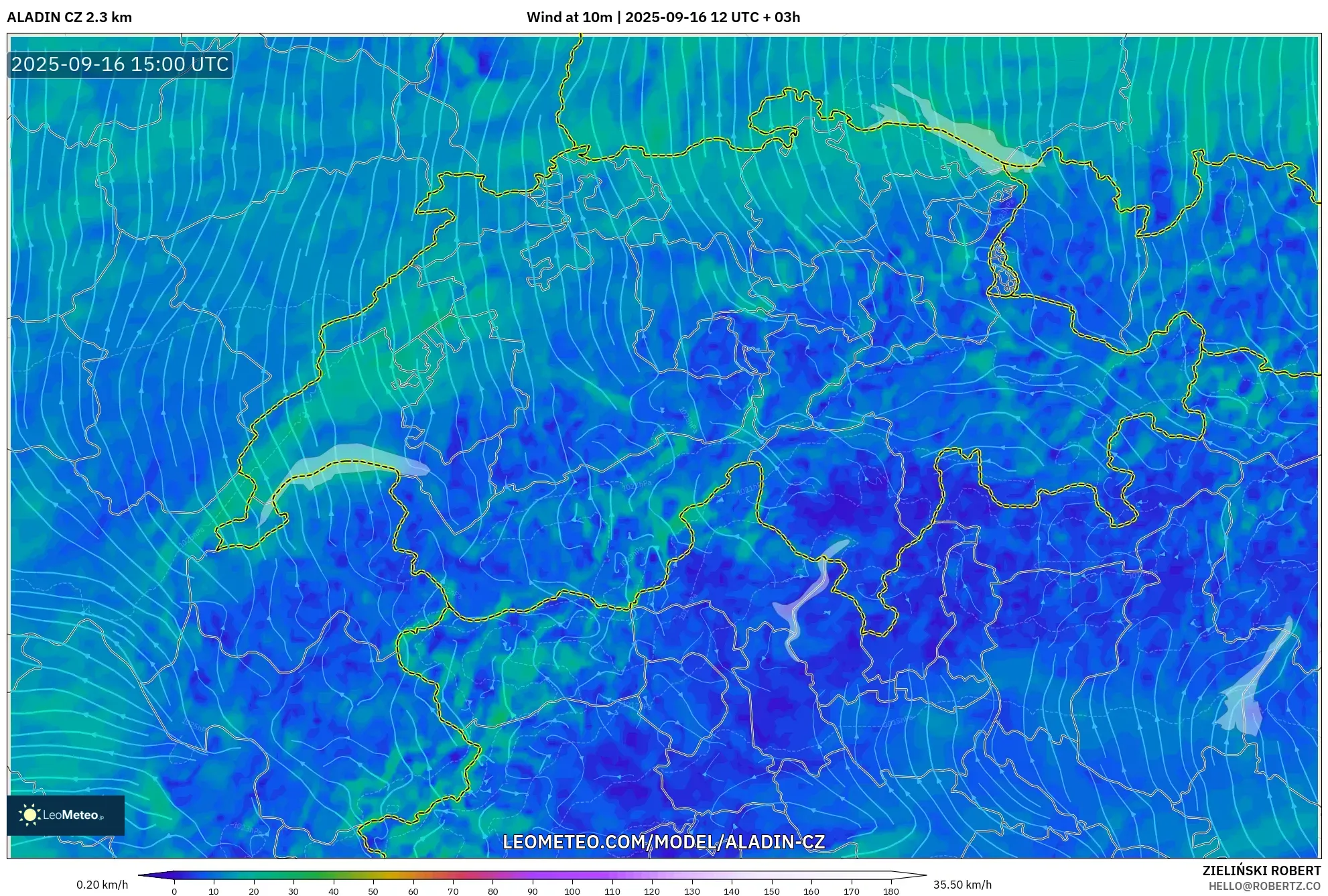 ALADIN CZ 2.3 km model - Switzerland, Wind at 10m