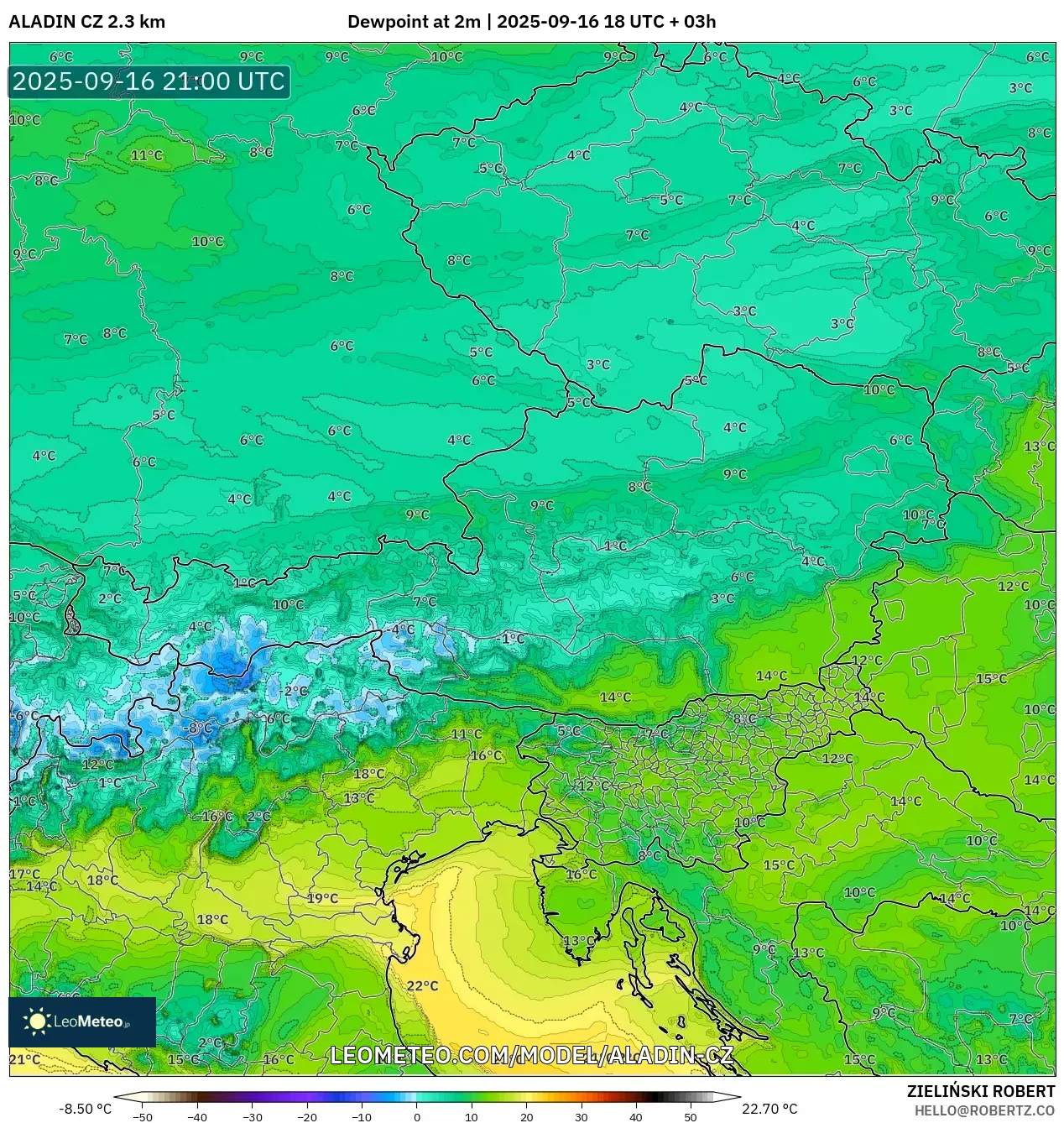 ALADIN CZ 2.3 km model - Austria, Dewpoint at 2m