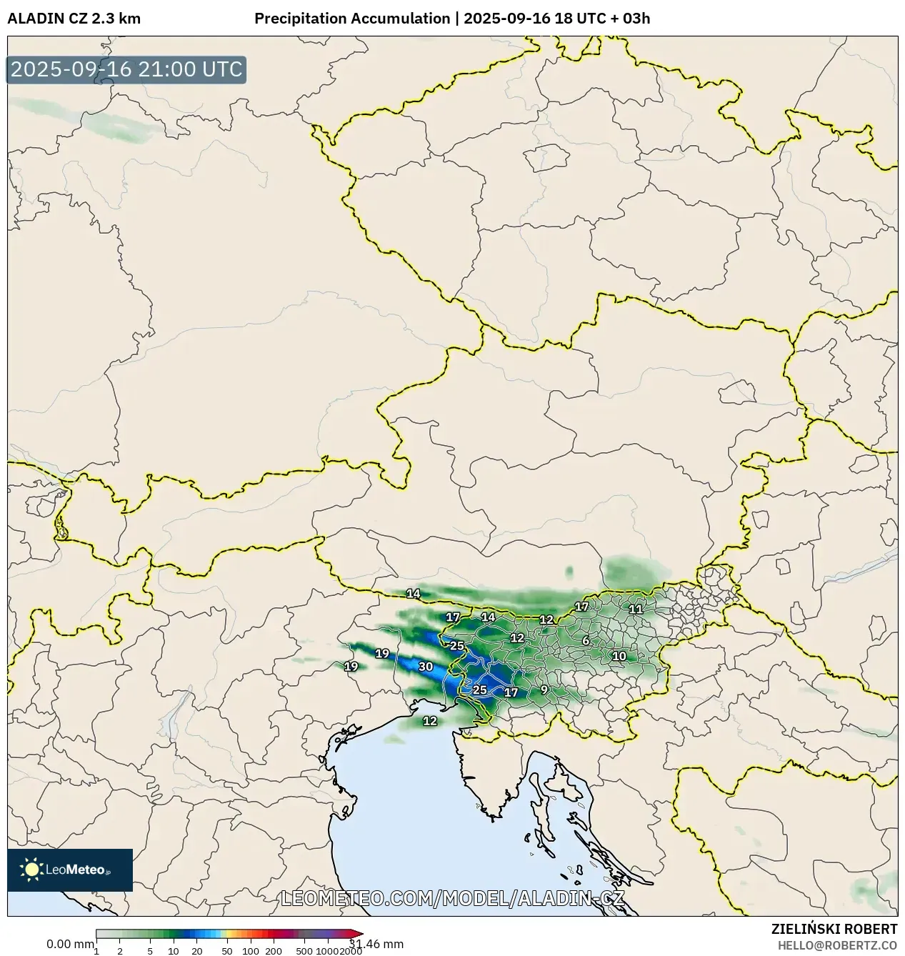 ALADIN CZ 2.3 km model - Austria, Precipitation Accumulation