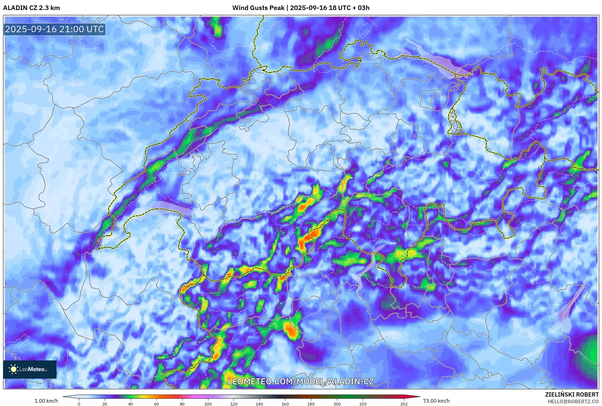 ALADIN CZ 2.3 km model - Switzerland, Wind Gusts Peak ALADIN CZ 2.3 km model - Switzerland, Wind Gusts Peak