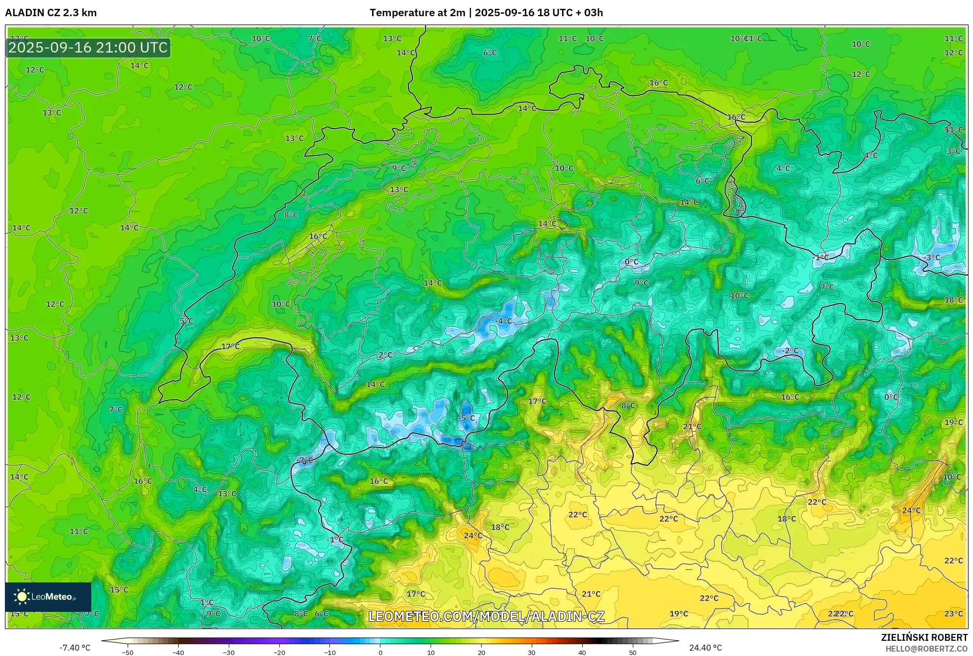 ALADIN CZ 2.3 km model - Switzerland, Temperature at 2m