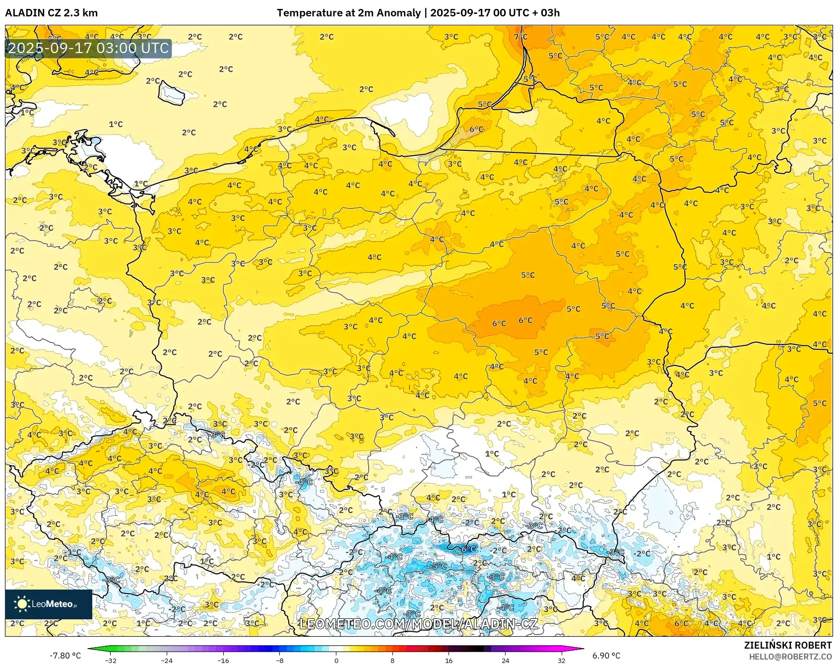 ALADIN CZ 2.3 km model - Poland, Temperature at 2m Anomaly ALADIN CZ 2.3 km model - Poland, Temperature at 2m Anomaly