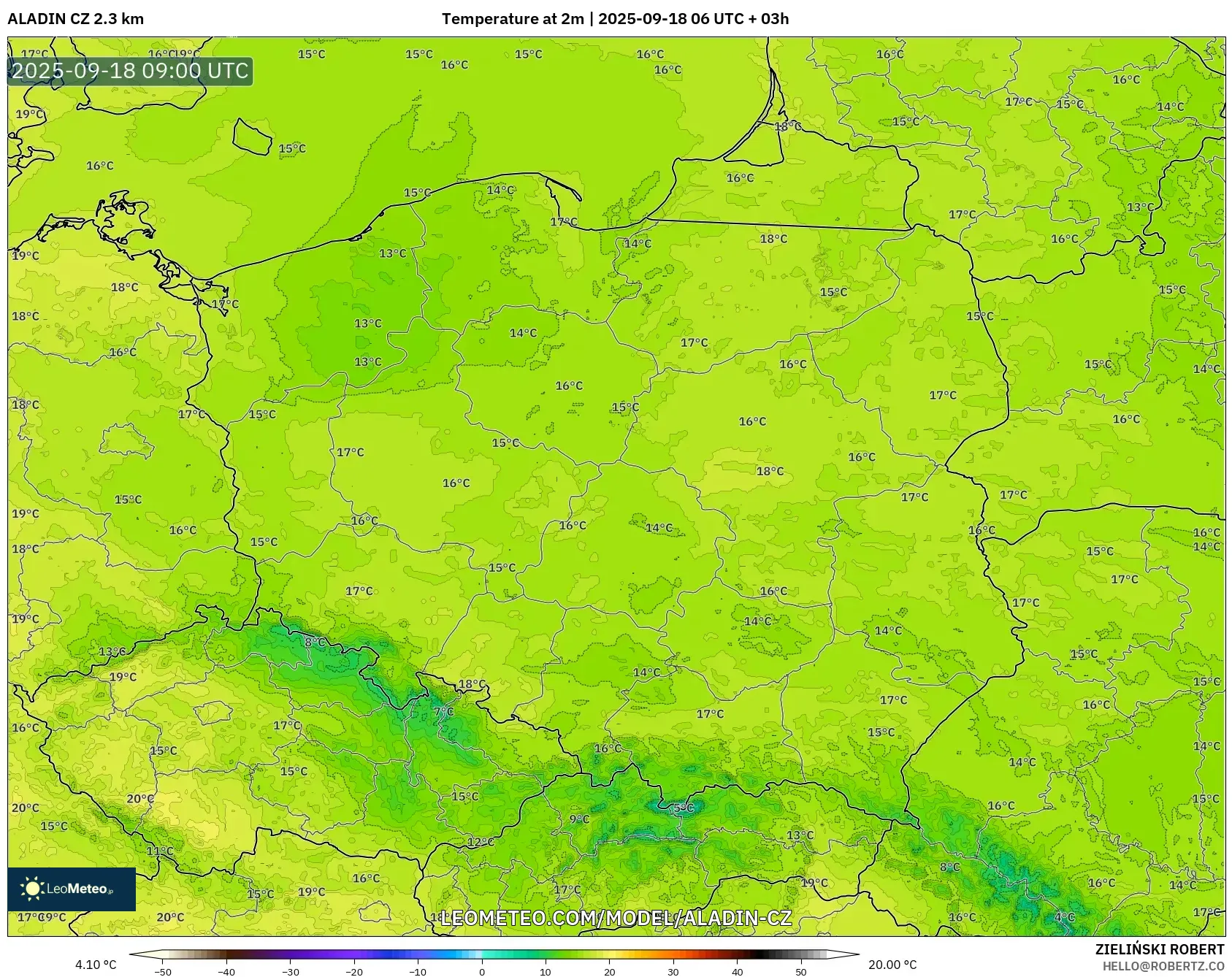 ALADIN CZ 2.3 km model - Poland, Temperature at 2m