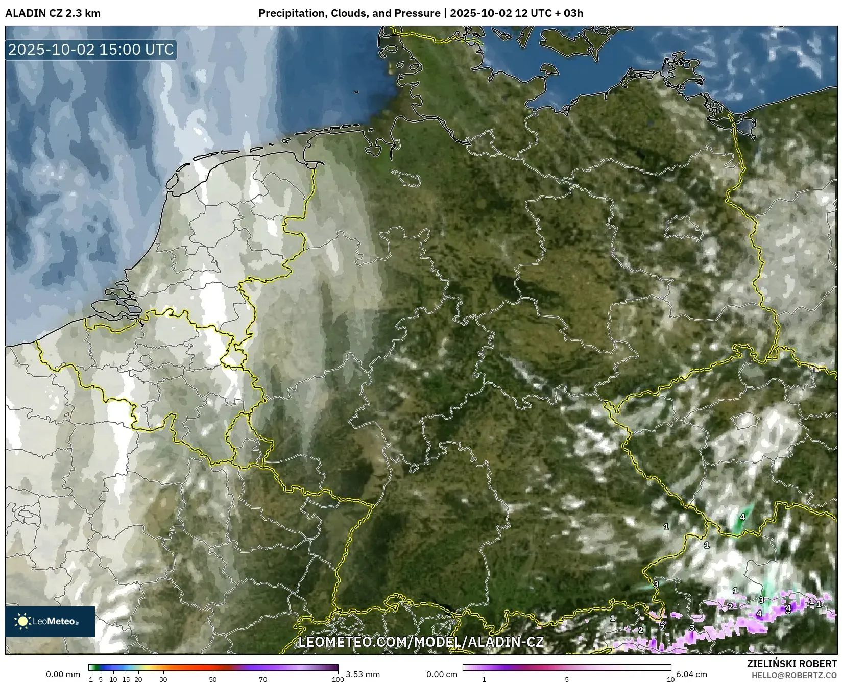 ALADIN CZ 2.3 km model - Germany, Precipitation, Clouds, and Pressure