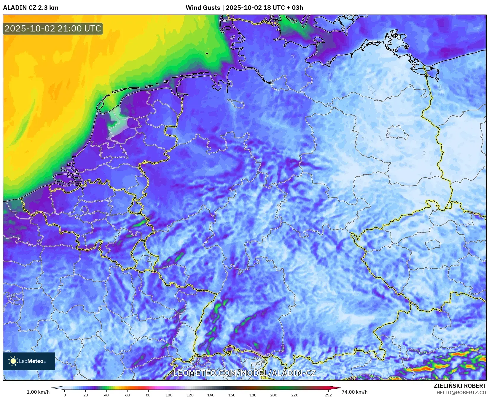 ALADIN CZ 2.3 km model - Germany, Wind Gusts