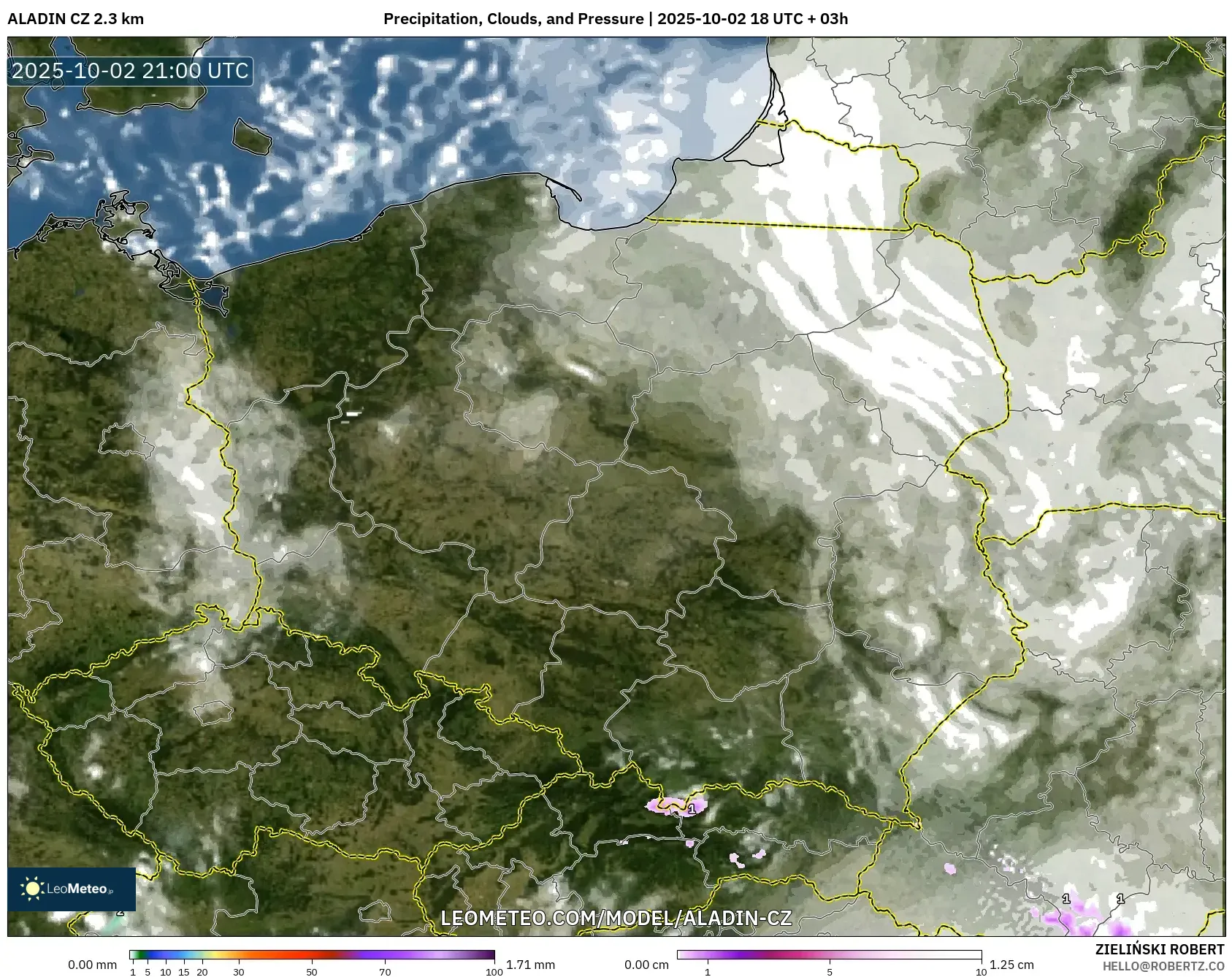ALADIN CZ 2.3 km model - Poland, Precipitation, Clouds, and Pressure