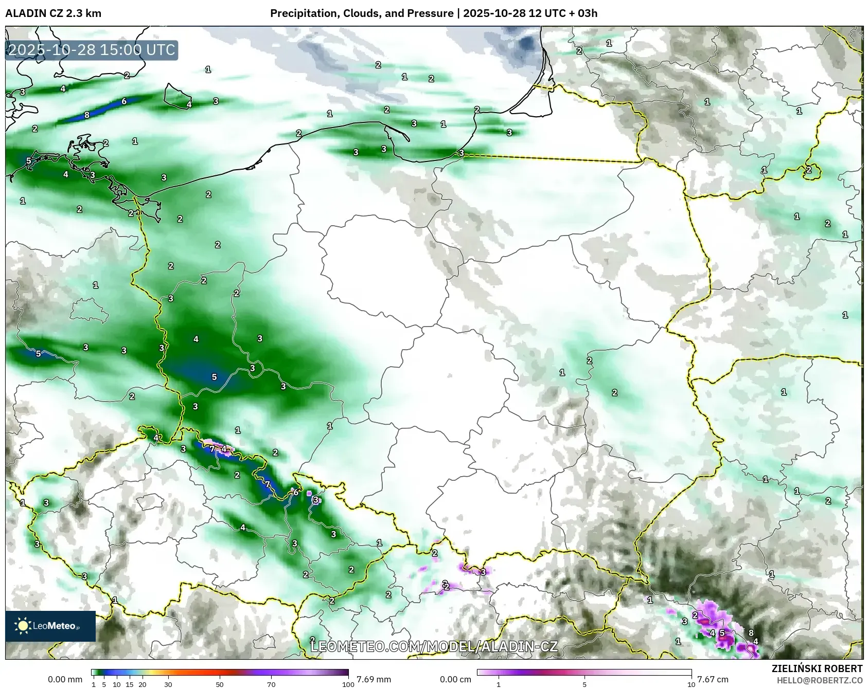 ALADIN CZ 2.3 km model - Poland, Precipitation, Clouds, and Pressure ALADIN CZ 2.3 km model - Poland, Precipitation, Clouds, and Pressure
