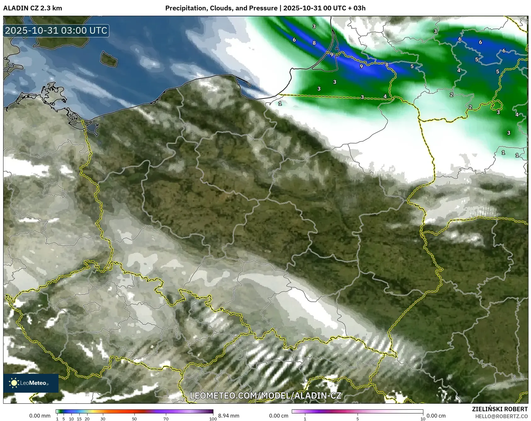 ALADIN CZ 2.3 km model - Poland, Precipitation, Clouds, and Pressure ALADIN CZ 2.3 km model - Poland, Precipitation, Clouds, and Pressure