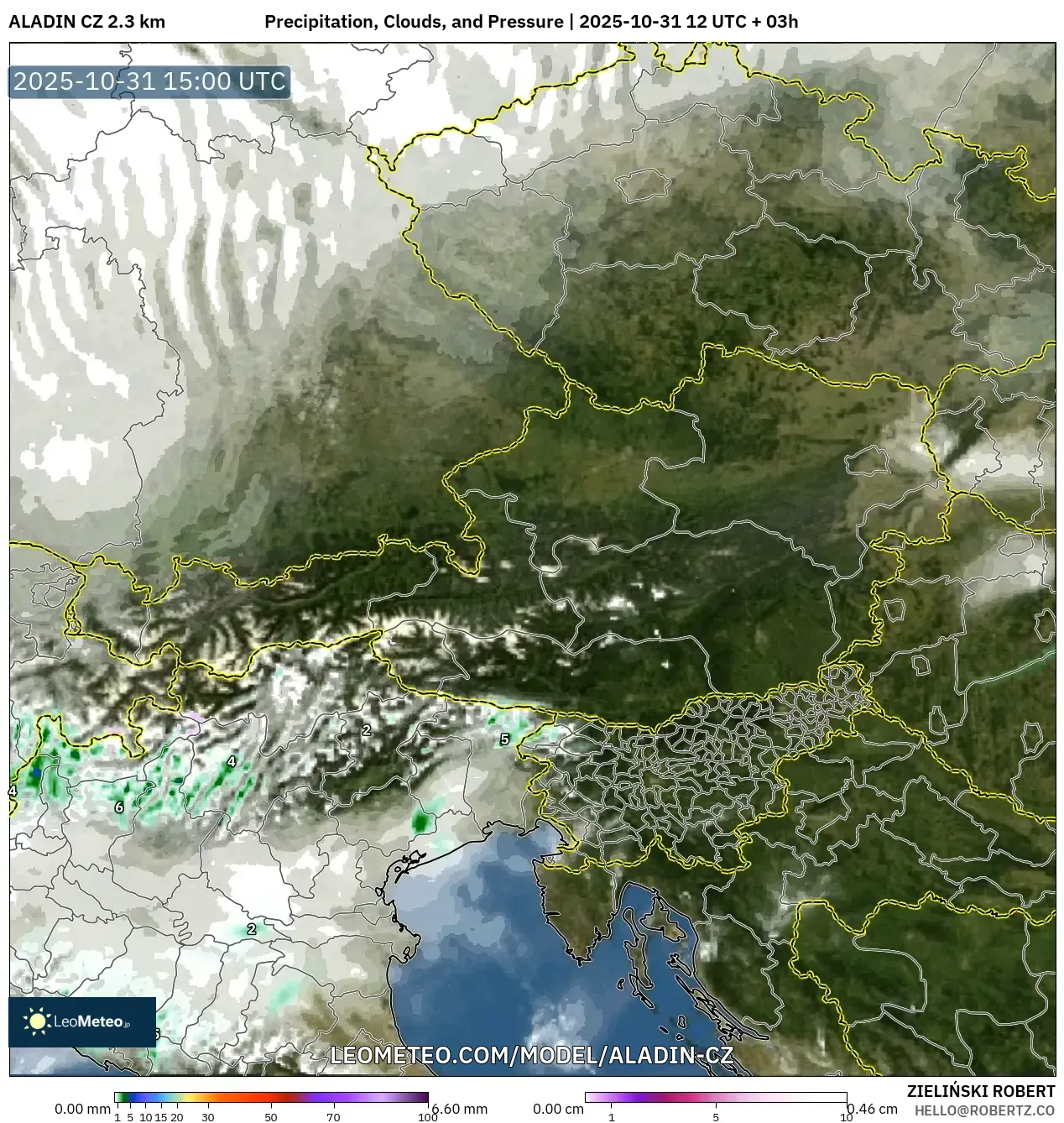 ALADIN CZ 2.3 km model - Austria, Precipitation, Clouds, and Pressure ALADIN CZ 2.3 km model - Austria, Precipitation, Clouds, and Pressure
