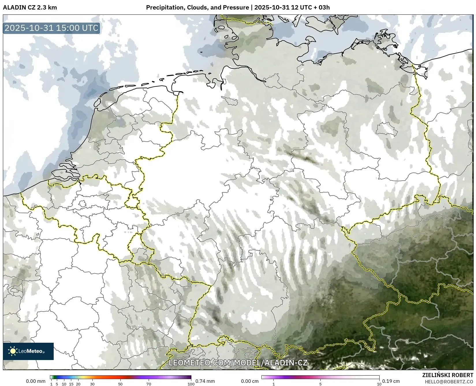 ALADIN CZ 2.3 km model - Germany, Precipitation, Clouds, and Pressure ALADIN CZ 2.3 km model - Germany, Precipitation, Clouds, and Pressure
