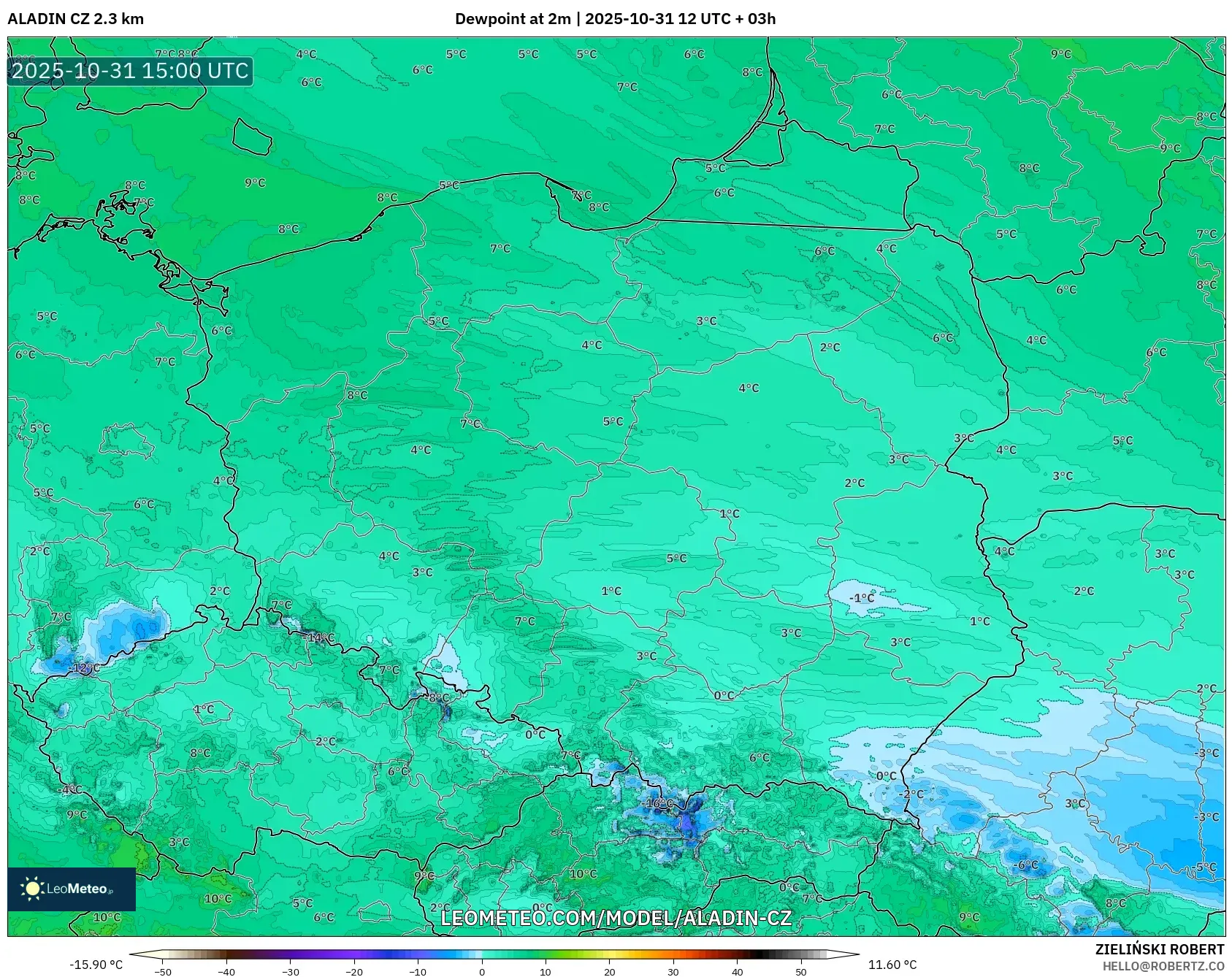ALADIN CZ 2.3 km model - Poland, Dewpoint at 2m ALADIN CZ 2.3 km model - Poland, Dewpoint at 2m