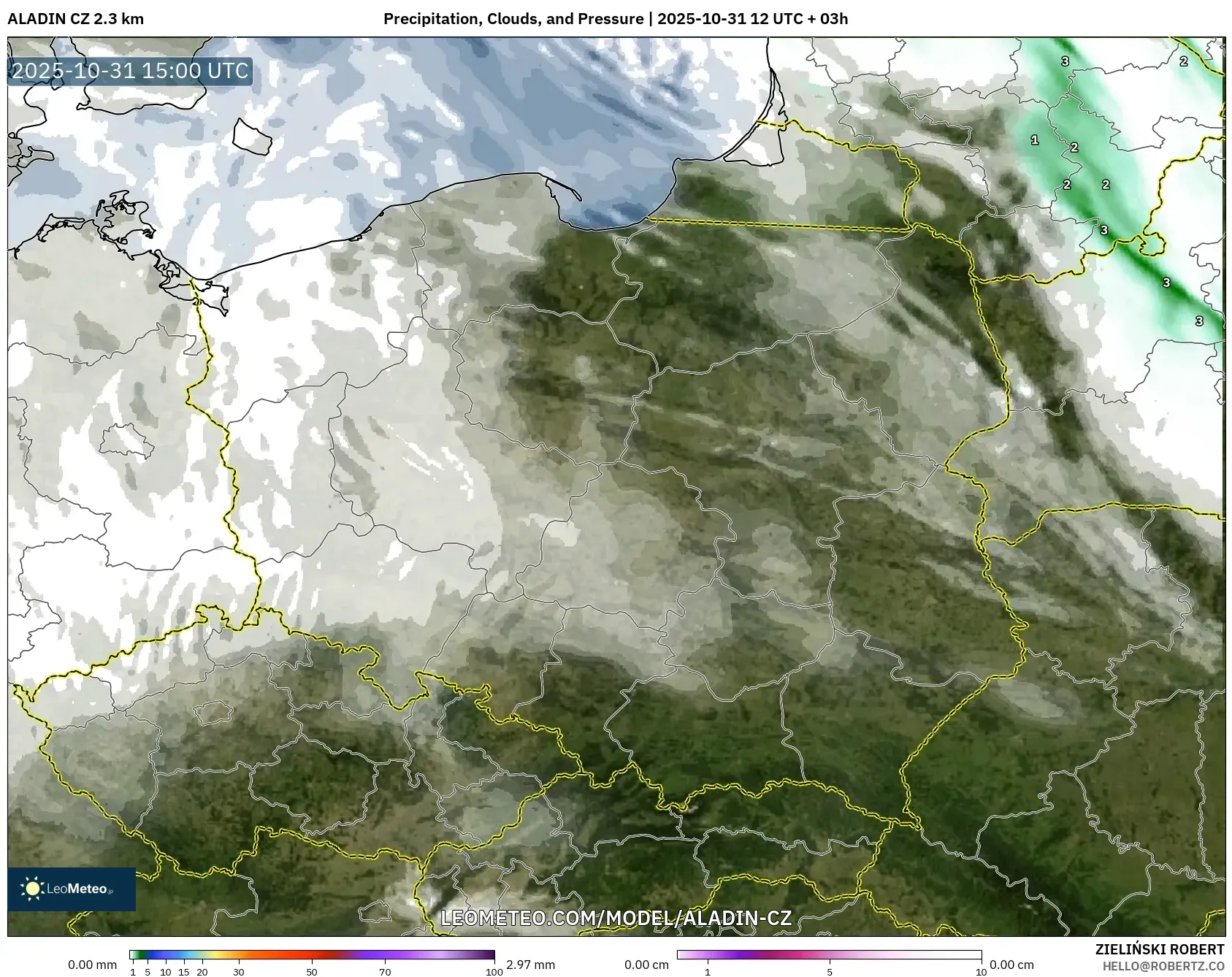 ALADIN CZ 2.3 km model - Poland, Precipitation, Clouds, and Pressure ALADIN CZ 2.3 km model - Poland, Precipitation, Clouds, and Pressure