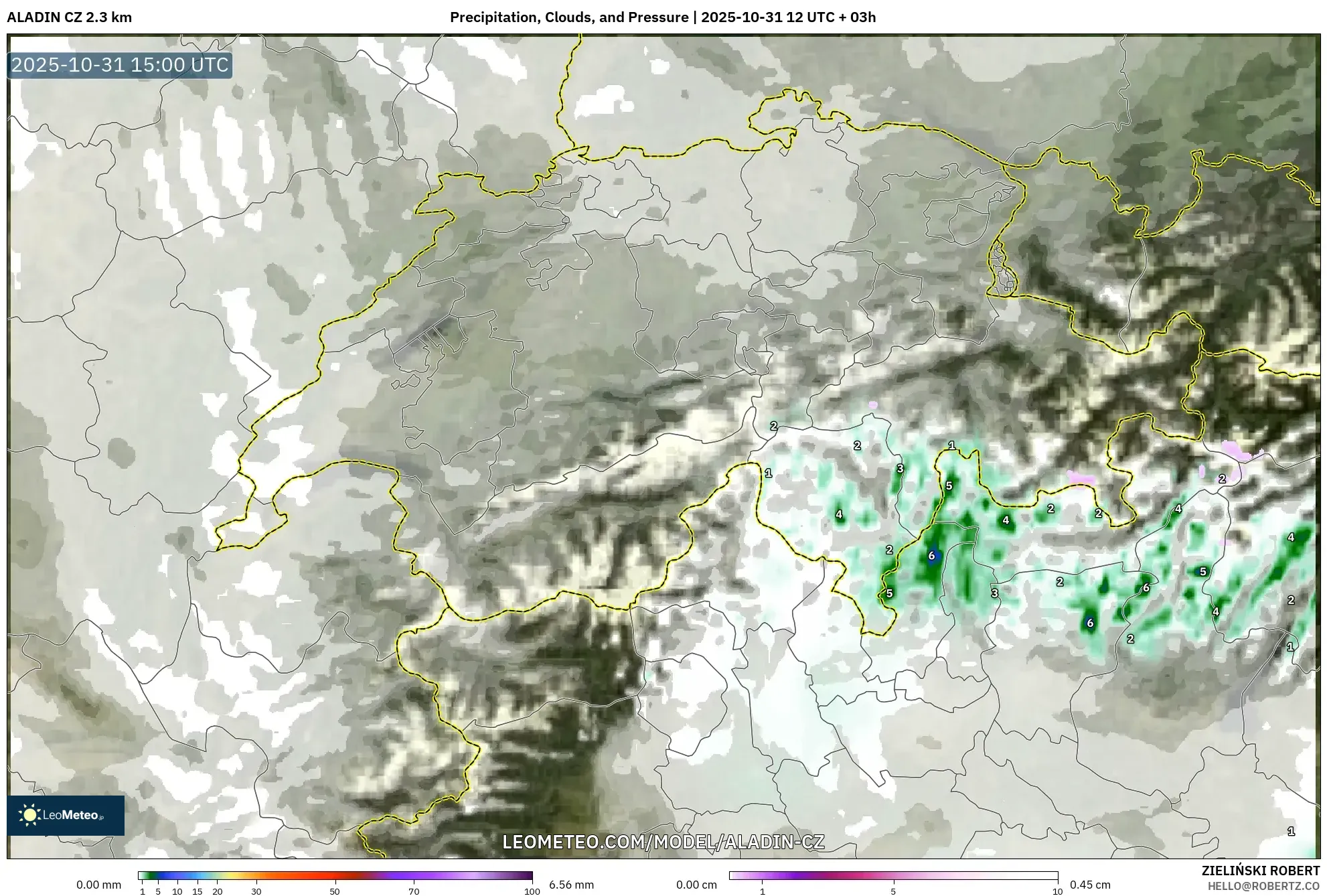 ALADIN CZ 2.3 km model - Switzerland, Precipitation, Clouds, and Pressure ALADIN CZ 2.3 km model - Switzerland, Precipitation, Clouds, and Pressure