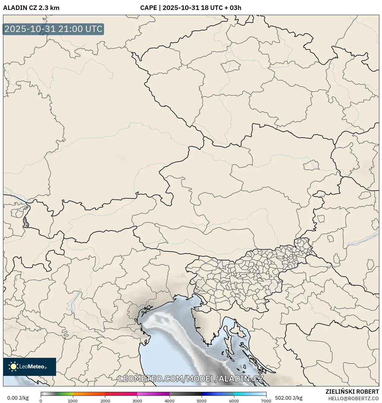 ALADIN CZ 2.3 km model - Austria, CAPE ALADIN CZ 2.3 km model - Austria, CAPE