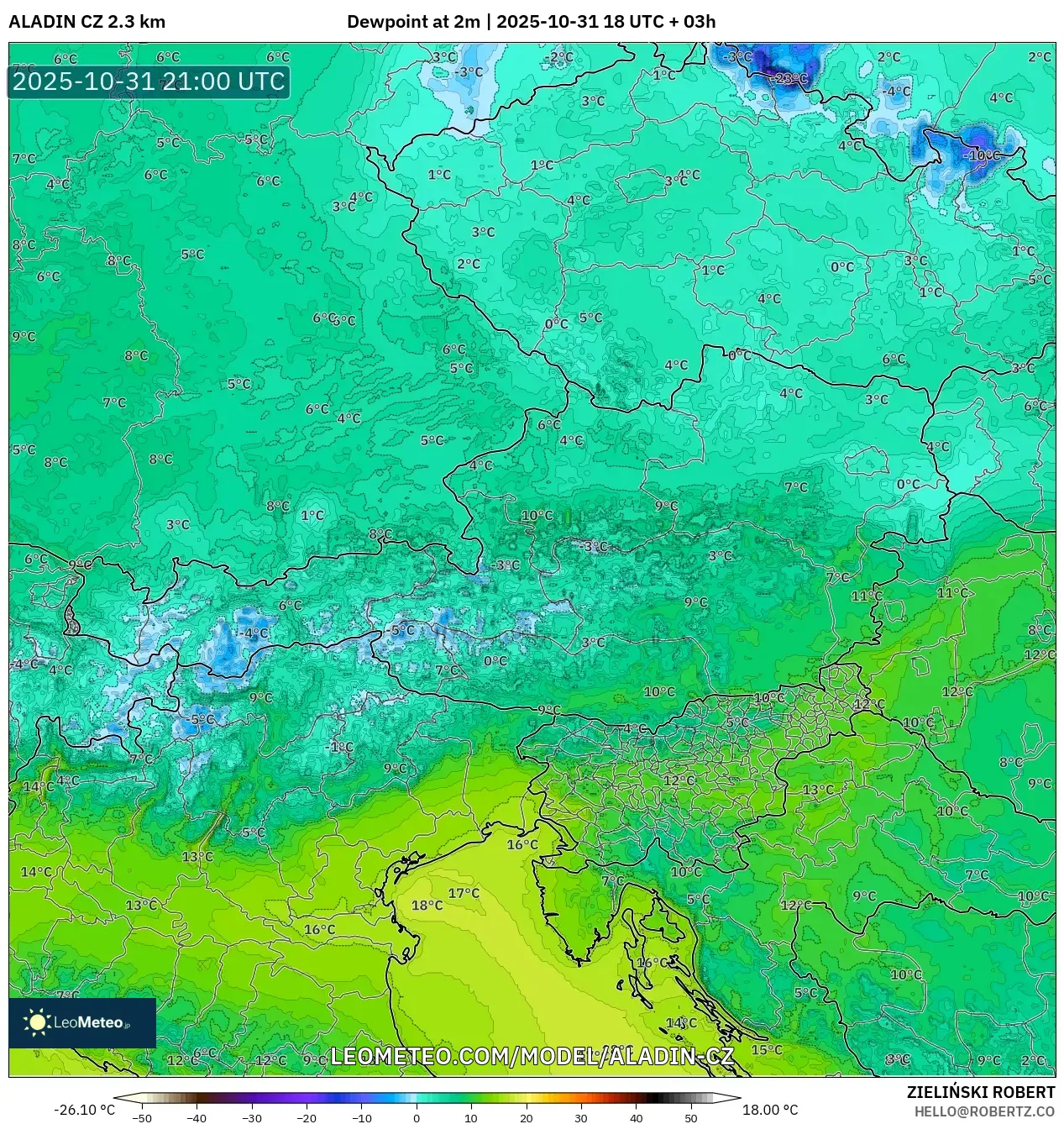 ALADIN CZ 2.3 km model - Austria, Dewpoint at 2m ALADIN CZ 2.3 km model - Austria, Dewpoint at 2m