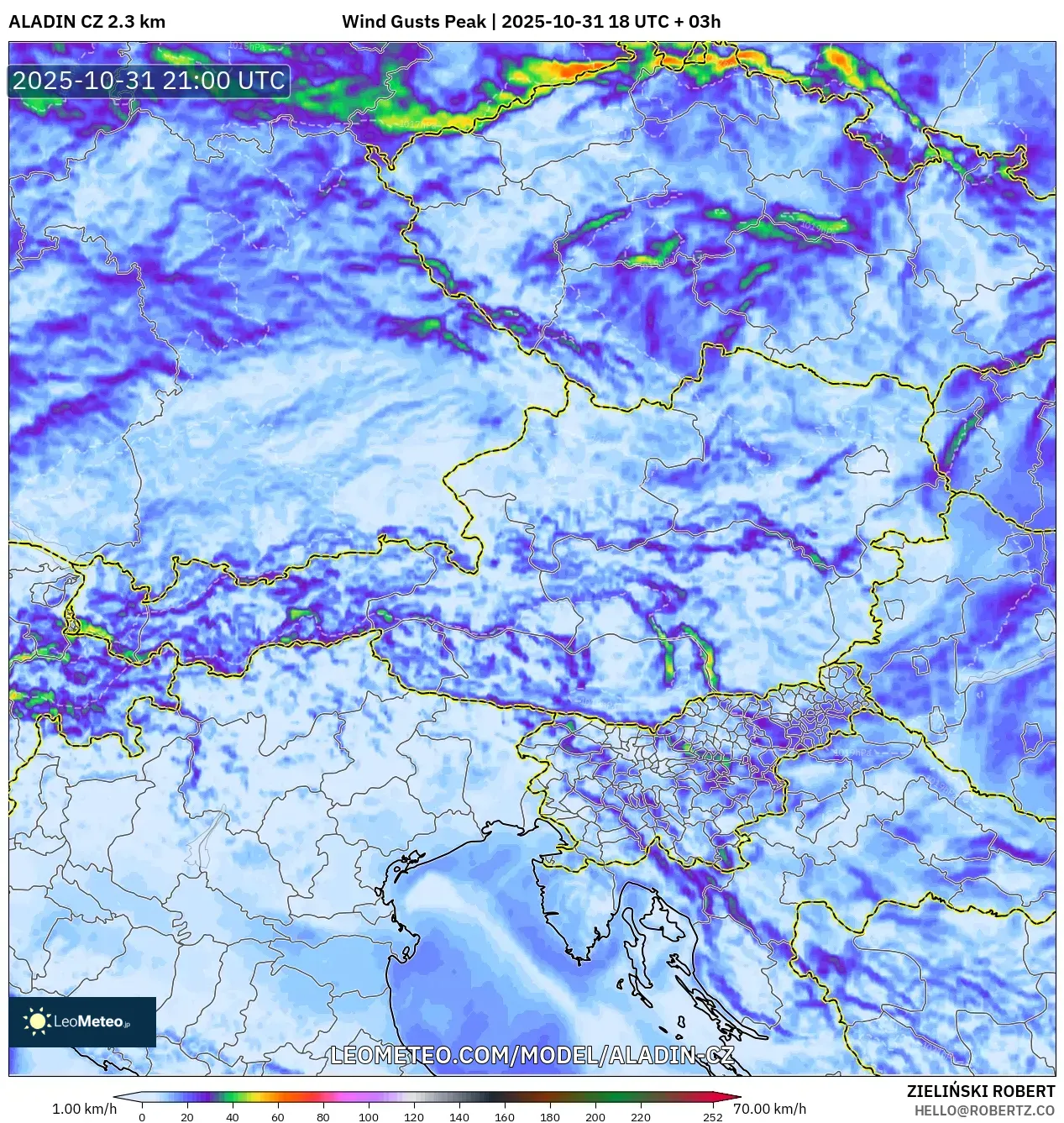ALADIN CZ 2.3 km model - Austria, Wind Gusts Peak ALADIN CZ 2.3 km model - Austria, Wind Gusts Peak