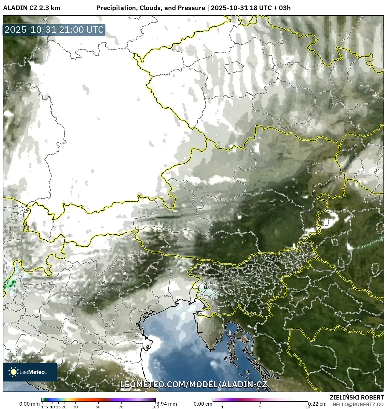 ALADIN CZ 2.3 km model - Austria, Precipitation, Clouds, and Pressure ALADIN CZ 2.3 km model - Austria, Precipitation, Clouds, and Pressure