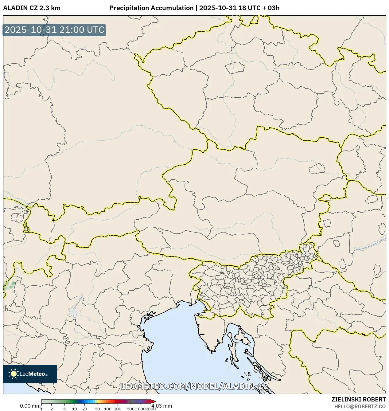 ALADIN CZ 2.3 km model - Austria, Precipitation Accumulation ALADIN CZ 2.3 km model - Austria, Precipitation Accumulation